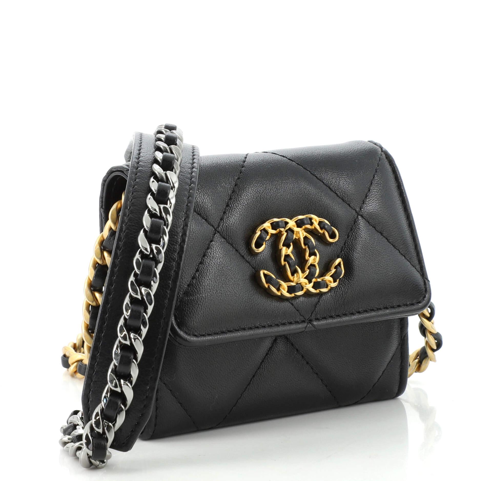 Black Chanel 19 Flap Coin Purse With Chain Quilted Goatskin