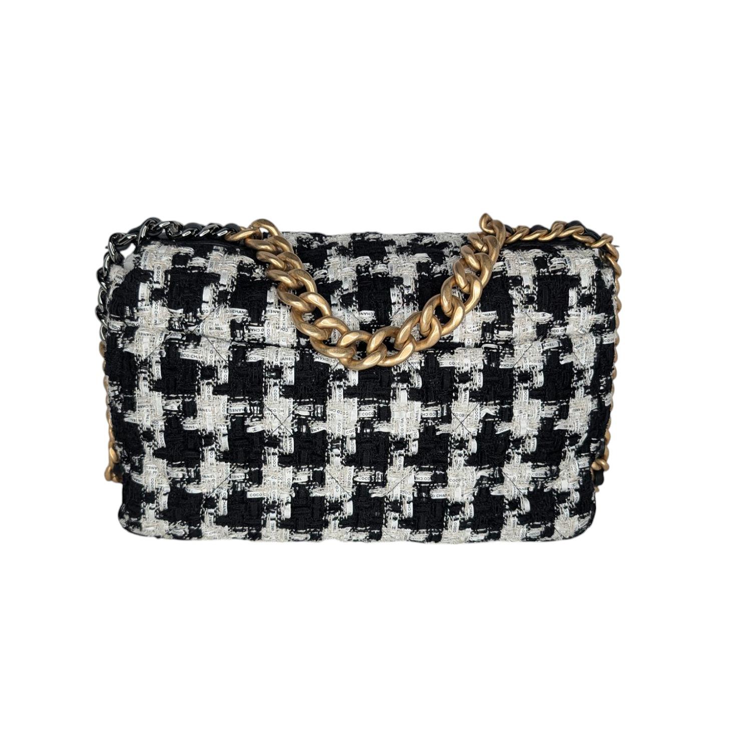 Black Chanel 19 Houndstooth Ribbon Quilted Tweed Large Flap Bag For Sale