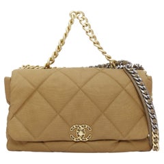 CHANEL 19 Large Flap Bag camel brown quilted canvas chain shoulder bag