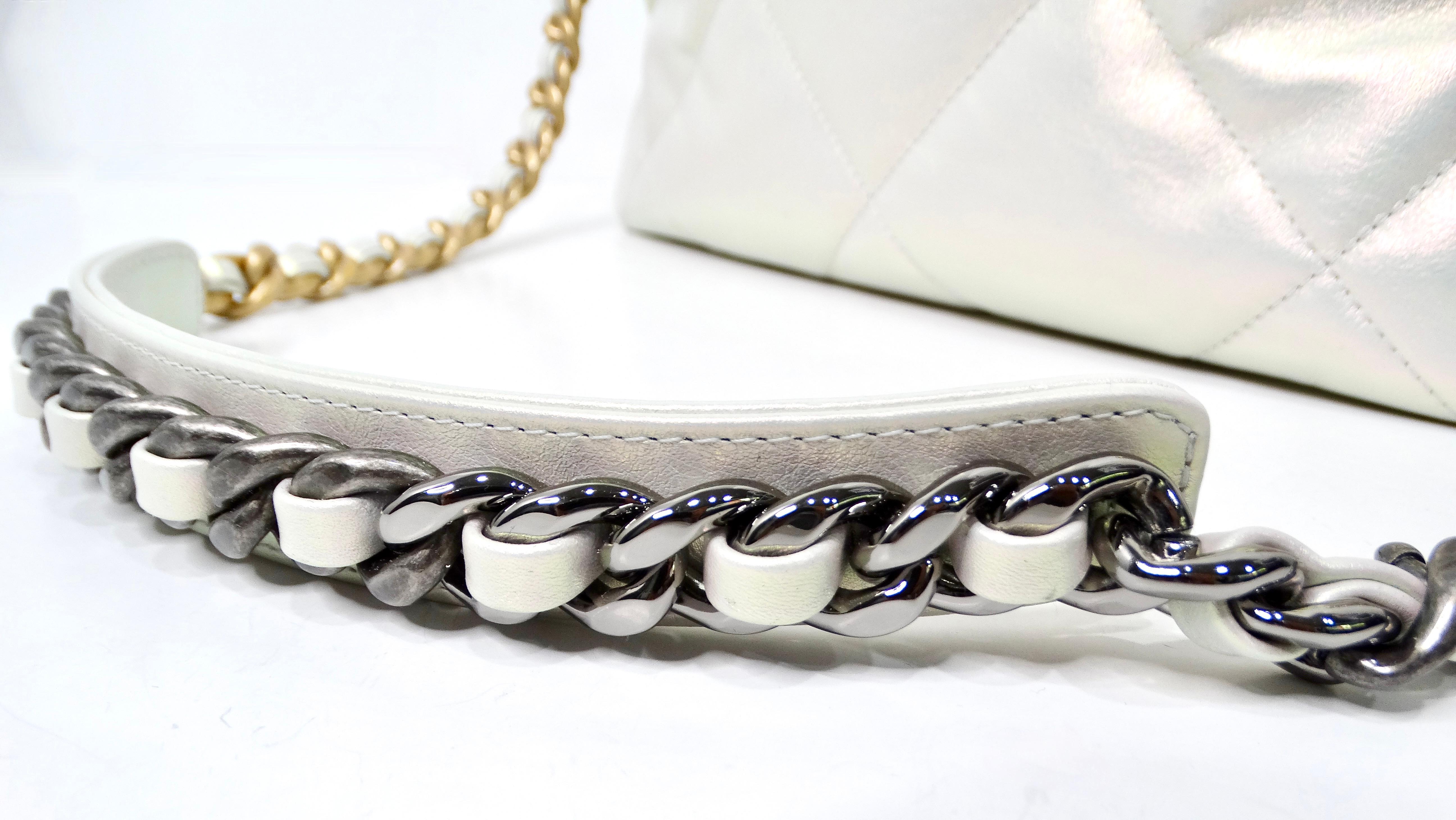 Chanel 19 Pearly White Iridescent Calfskin Flap Bag For Sale 1