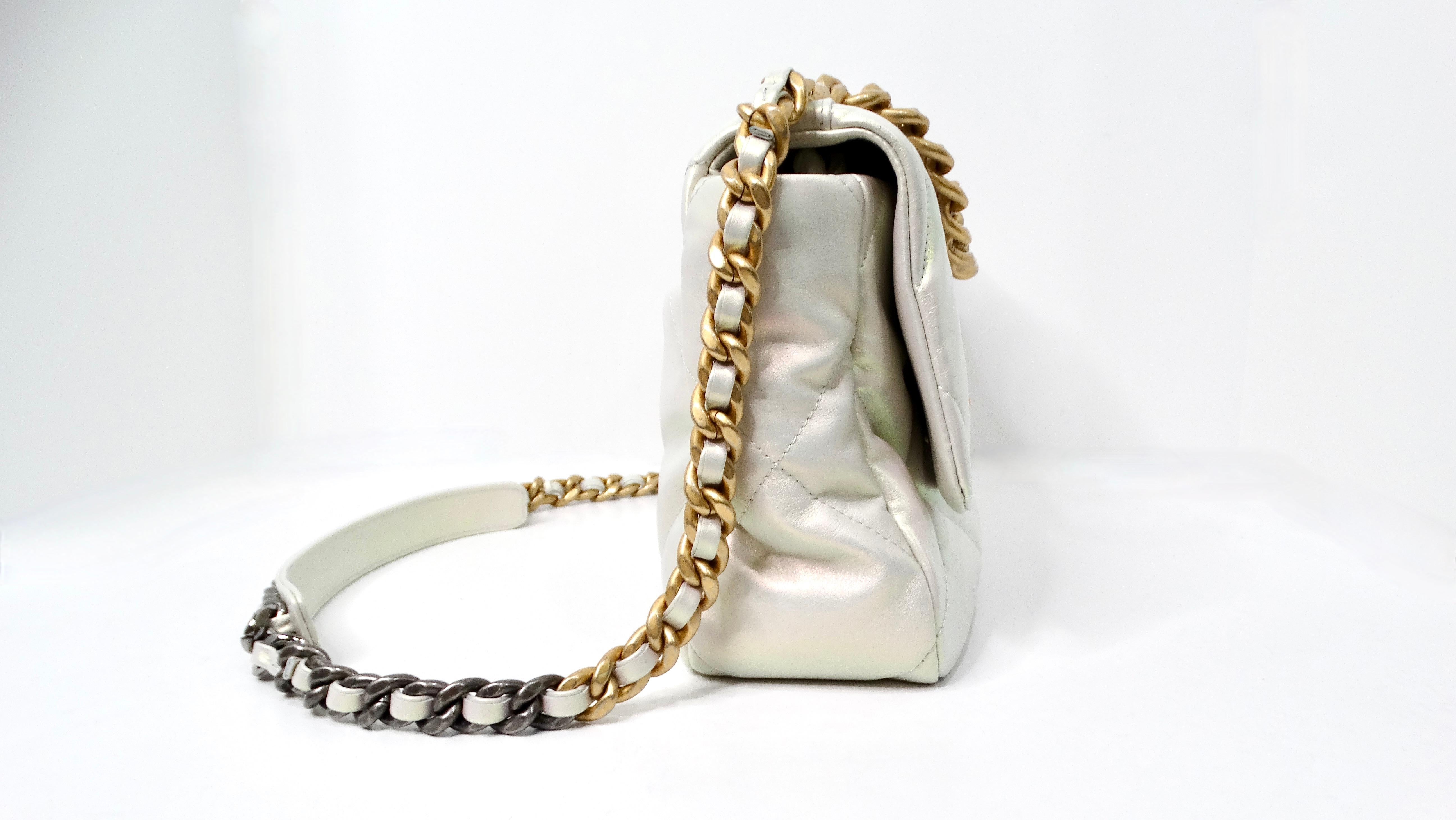 Chanel 19 Pearly White Iridescent Calfskin Flap Bag For Sale 2