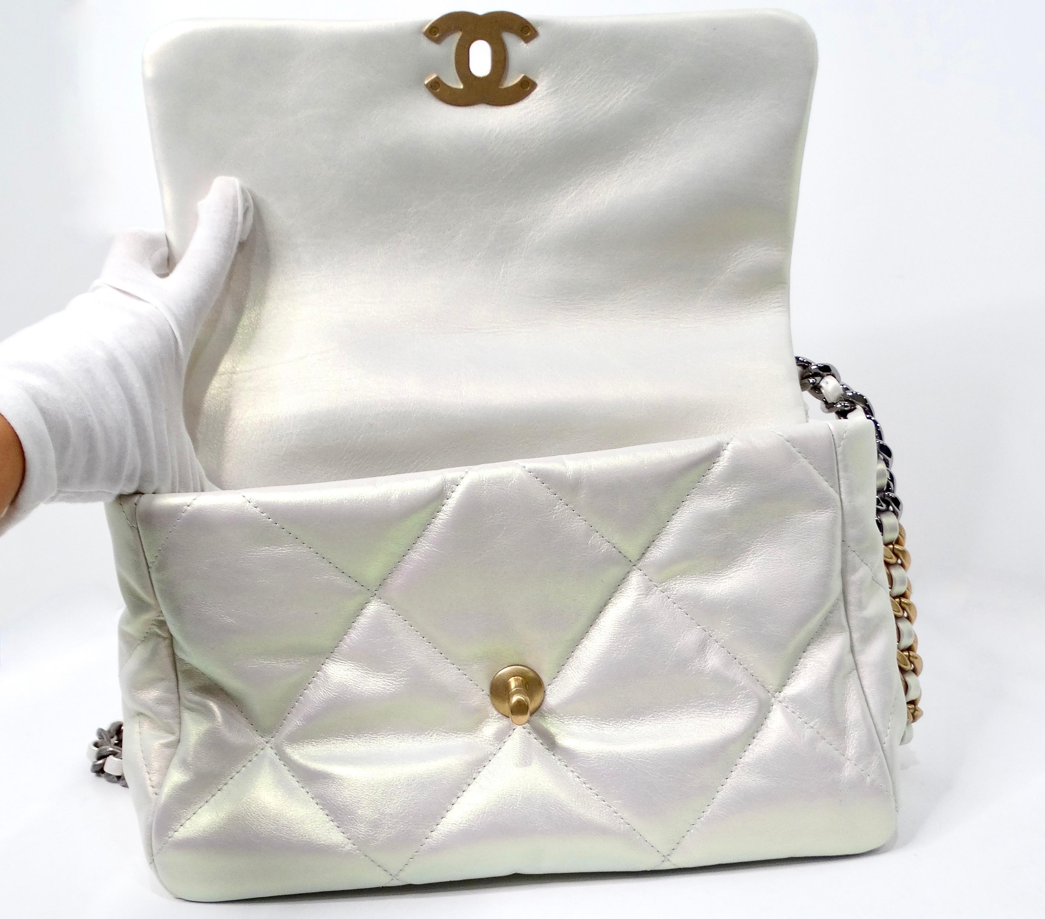 Chanel 19 Pearly White Iridescent Calfskin Flap Bag For Sale 4
