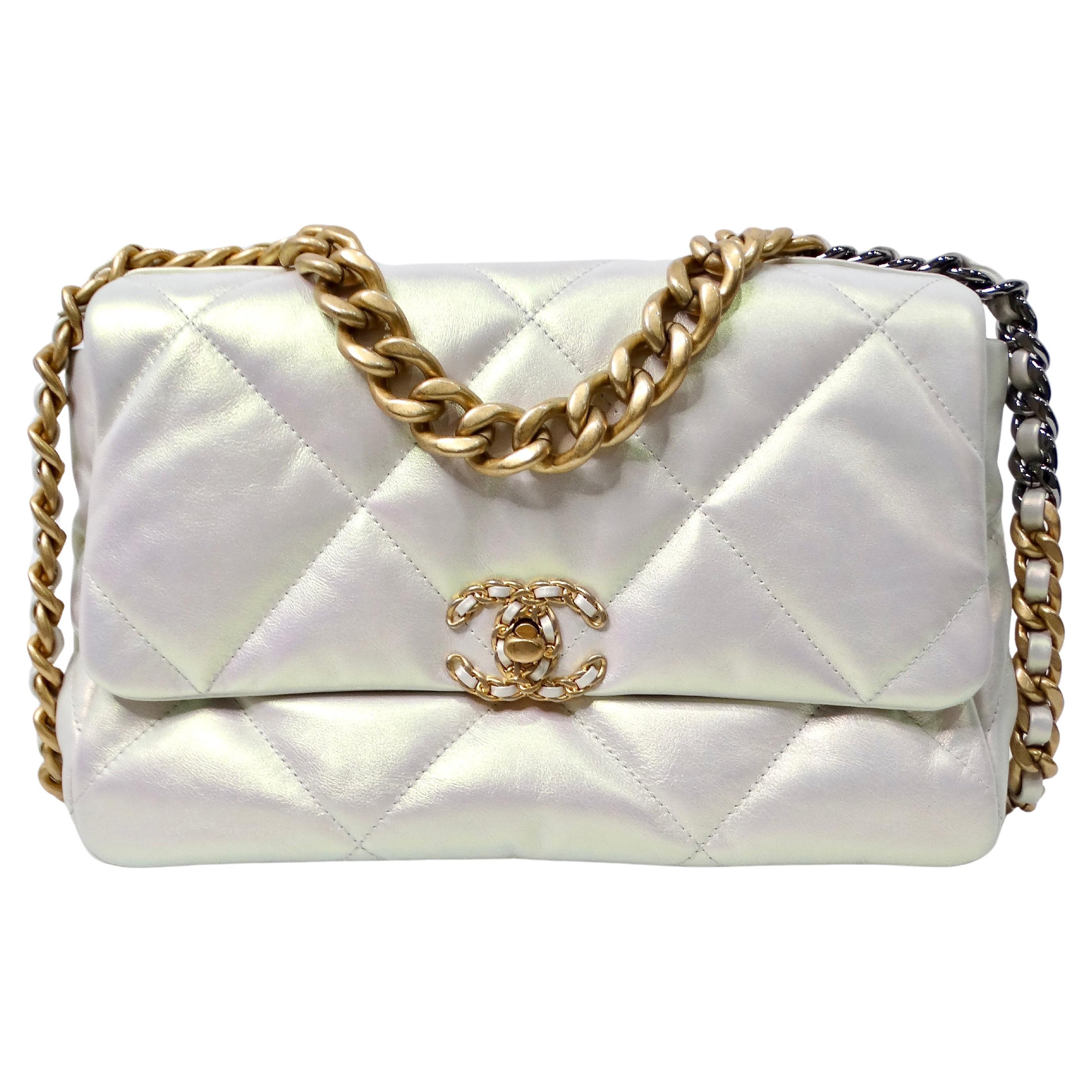 Chanel 19 Pearly White Iridescent Calfskin Flap Bag For Sale