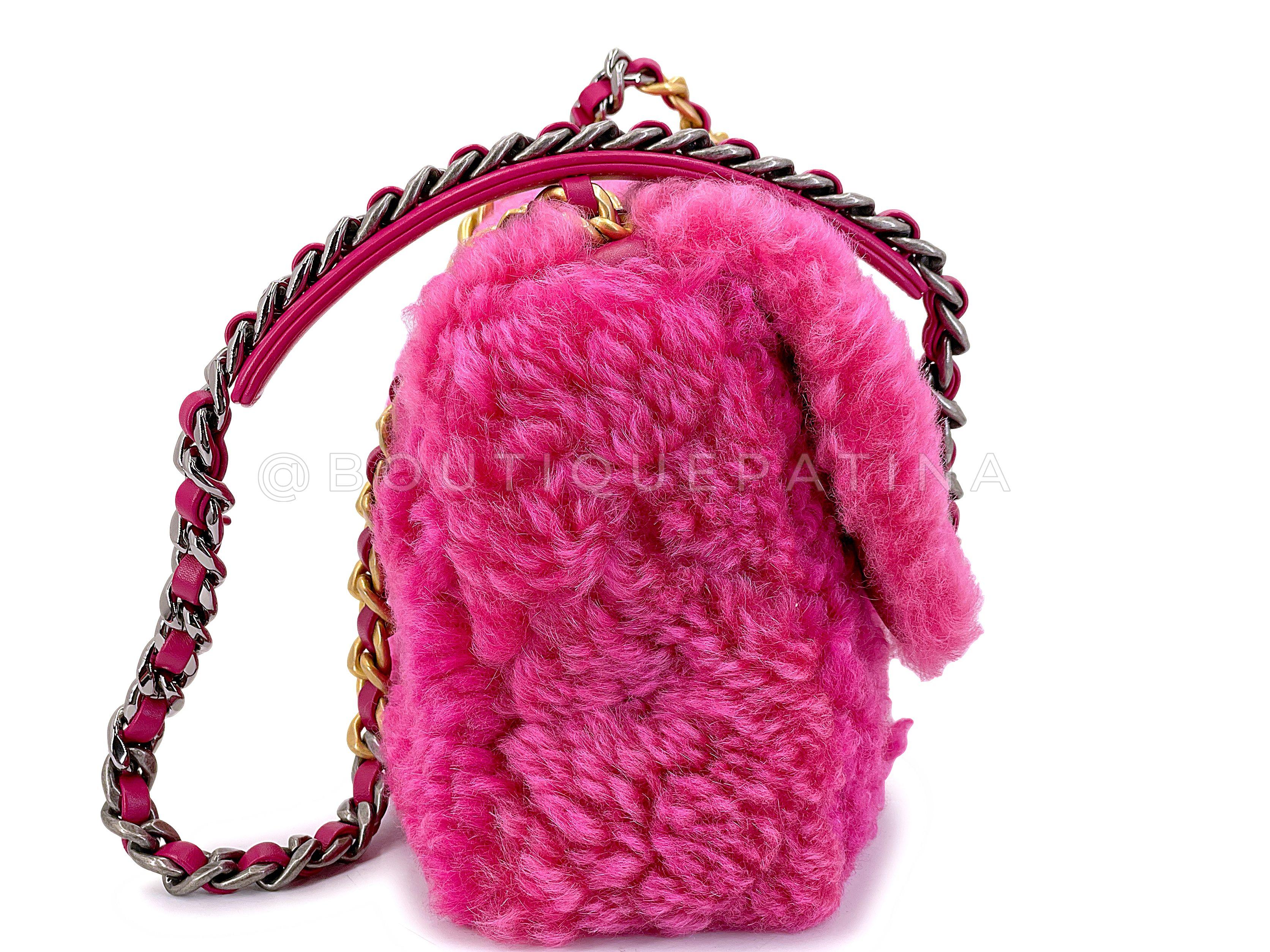 Chanel 19 Pink Shearling Fur Small Medium Flap Bag 67786 In Excellent Condition For Sale In Costa Mesa, CA