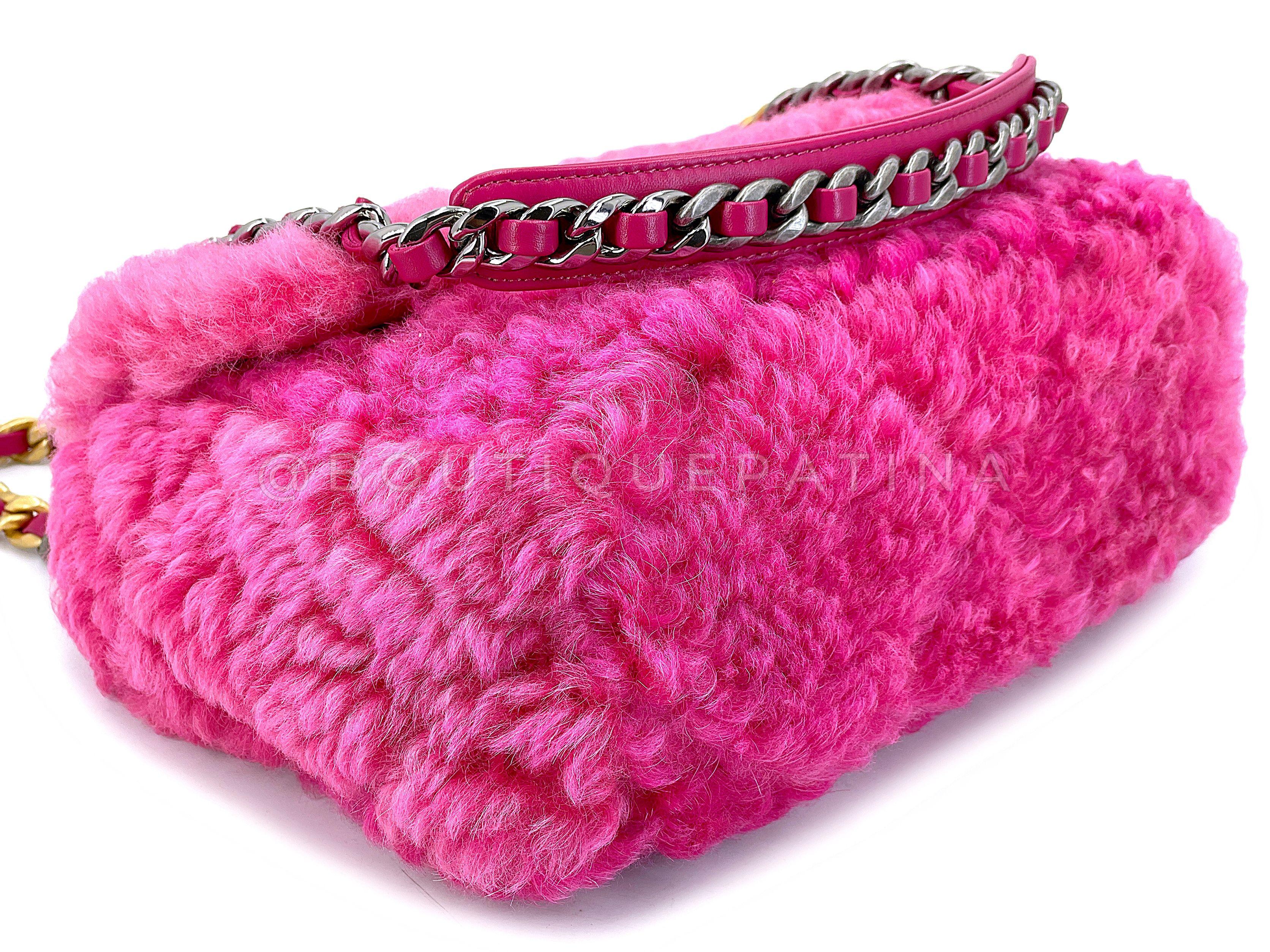 Chanel 19 Pink Shearling Fur Small Medium Flap Bag 67786 For Sale 2