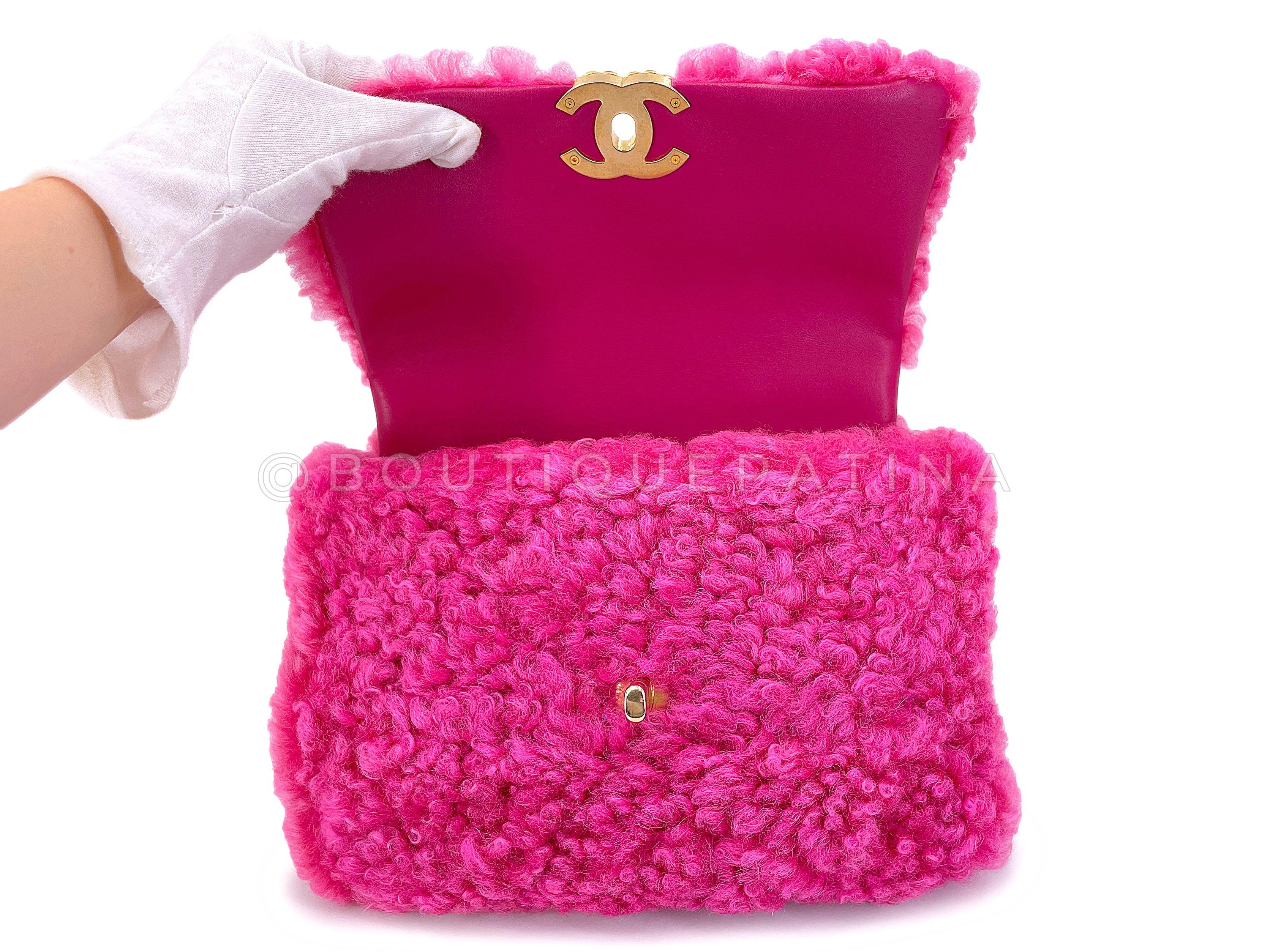 Chanel 19 Pink Shearling Fur Small Medium Flap Bag 67786 For Sale 4