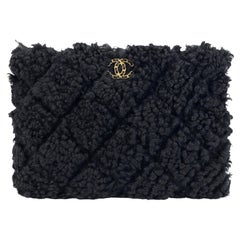 Used Chanel 19 Quilted Black Shearling O Case Clutch Bag 68050