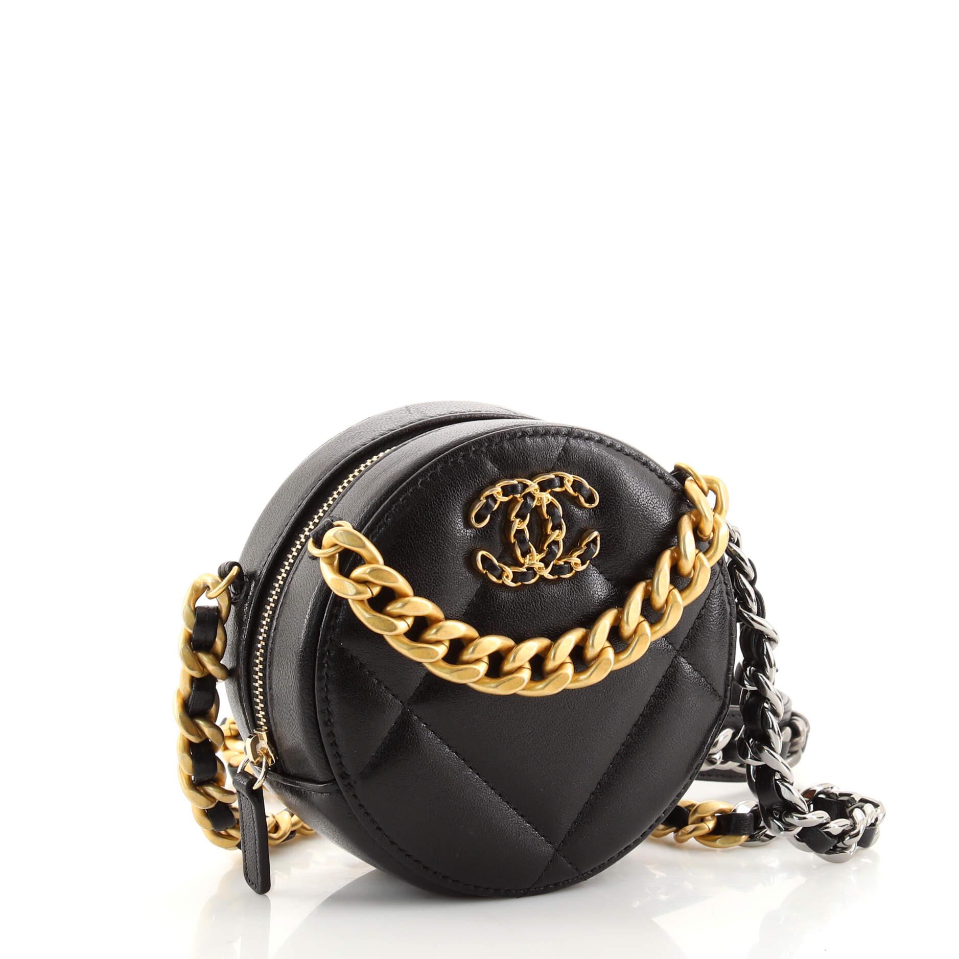 Black Chanel 19 Round Clutch with Chain Quilted Lambskin