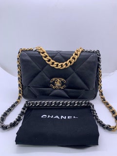 Chanel 19 Small Flap Bag Black Lambskin Mixed Metal Hardware Puffy Quilted Chip