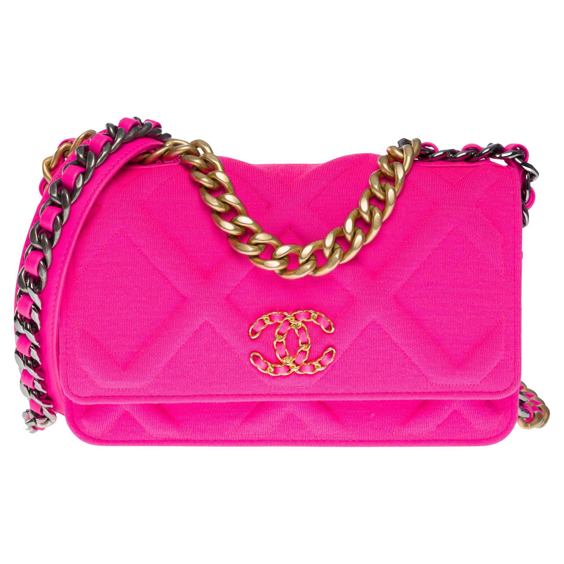 Chanel 19 Wallet on Chain (WOC) shoulder bag in pink quilted cotton canvas  , GHW at 1stDibs
