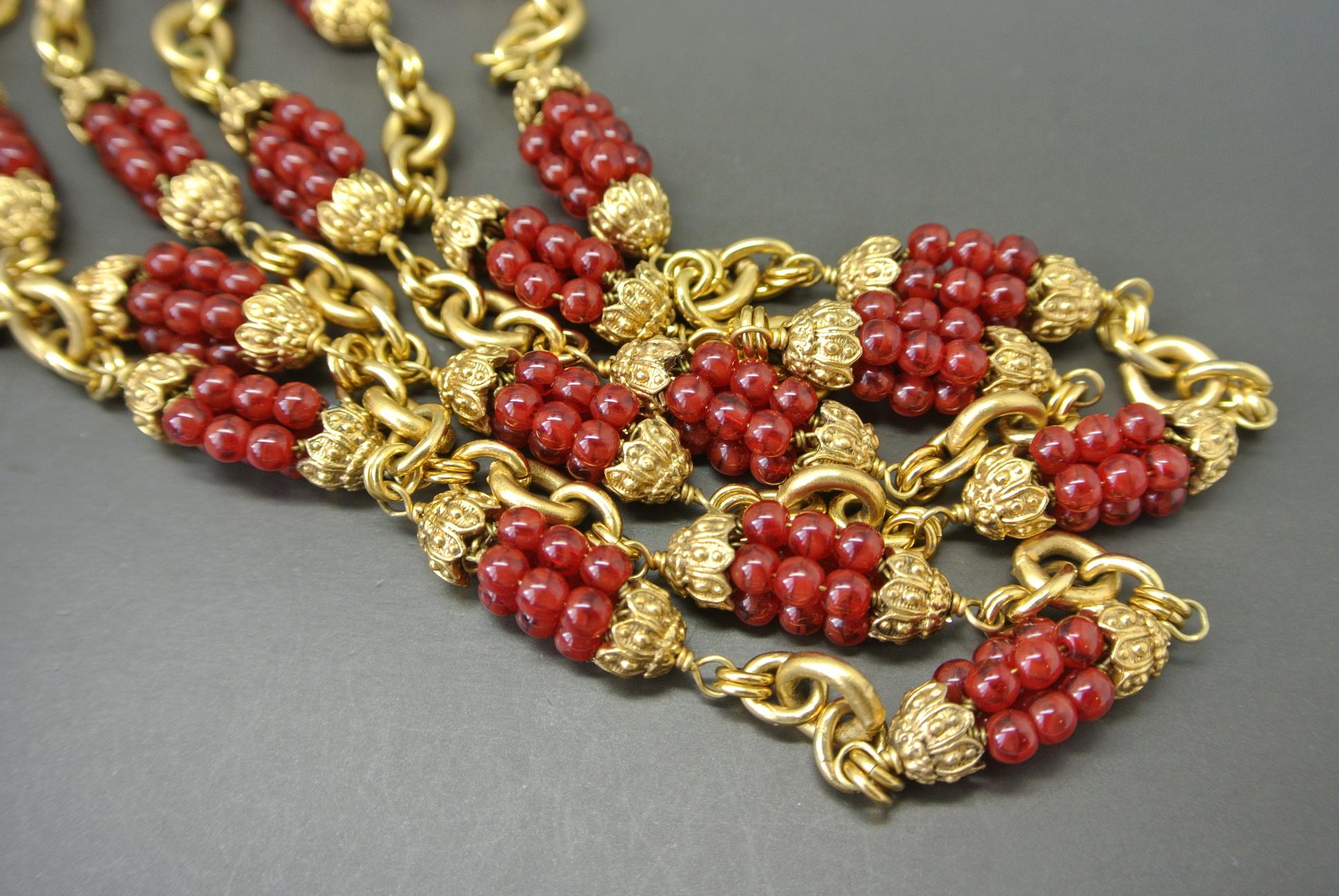 Baroque Chanel 1960s by Goossens Red Gripoix Beads Filigree Sautoir Necklace For Sale
