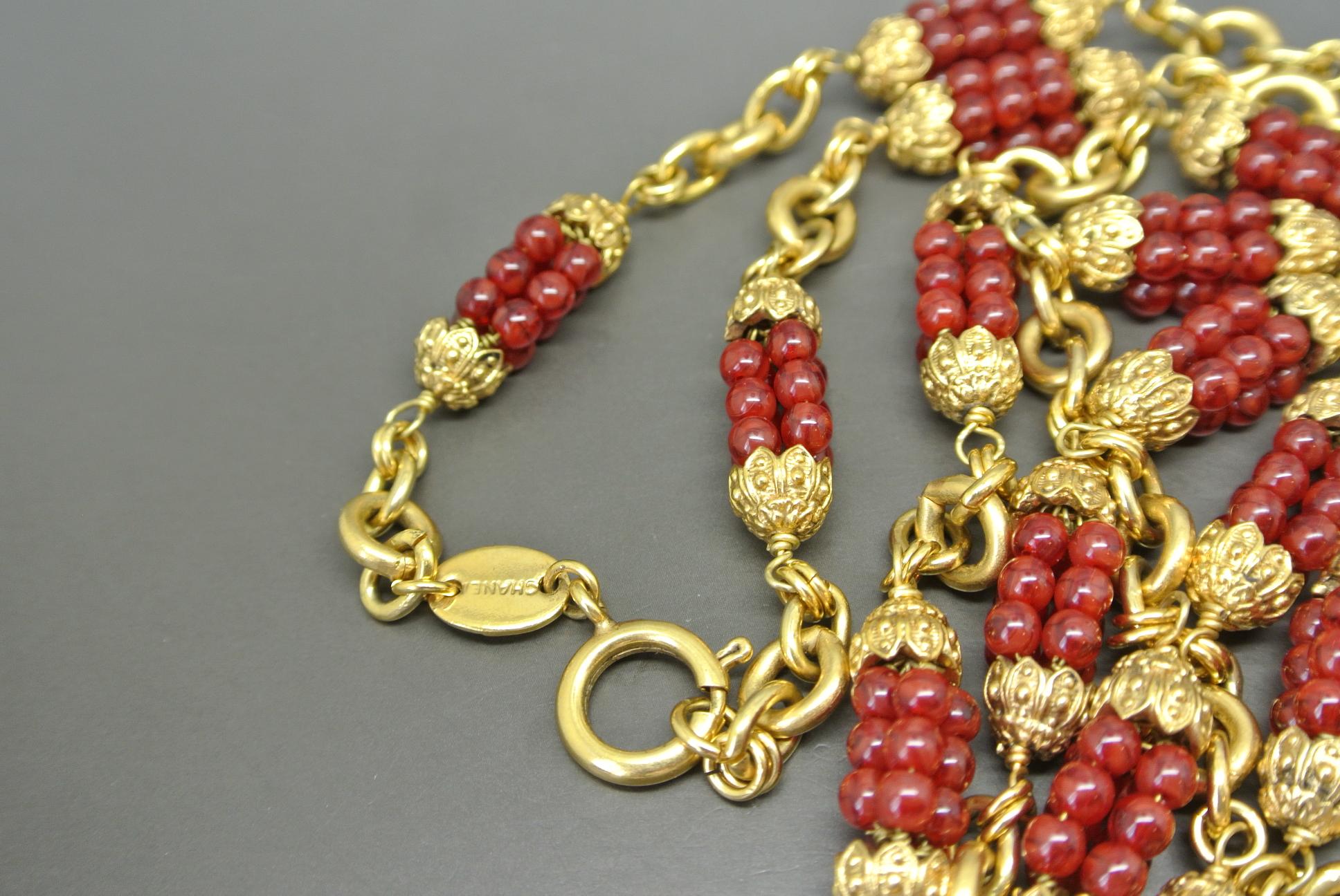 Chanel 1960s by Goossens Red Gripoix Beads Filigree Sautoir Necklace For Sale 1