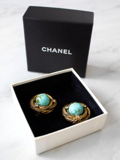 Chanel 1960s Gilded Turquoise Birds Nest Pate De Verre Goossens Clip-On Earrings