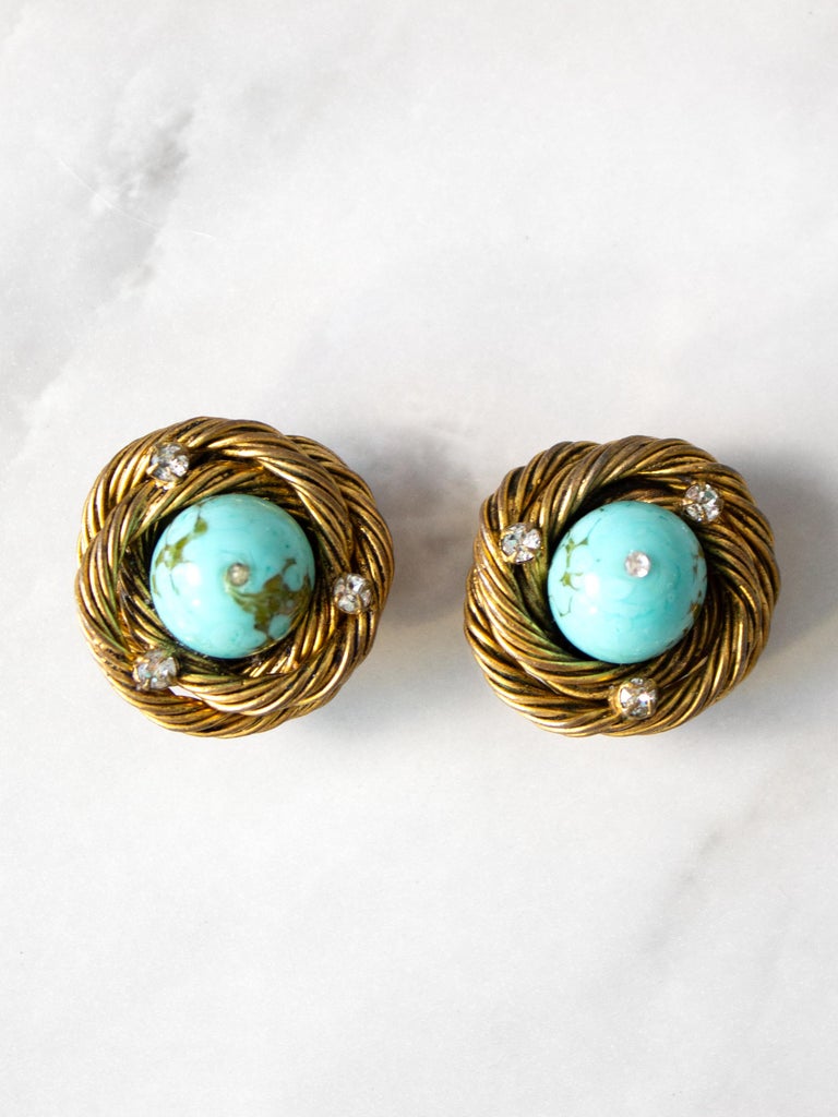 Chanel 1960s Gilded Turquoise Birds Nest Pate De Verre Goossens Clip-On  Earrings