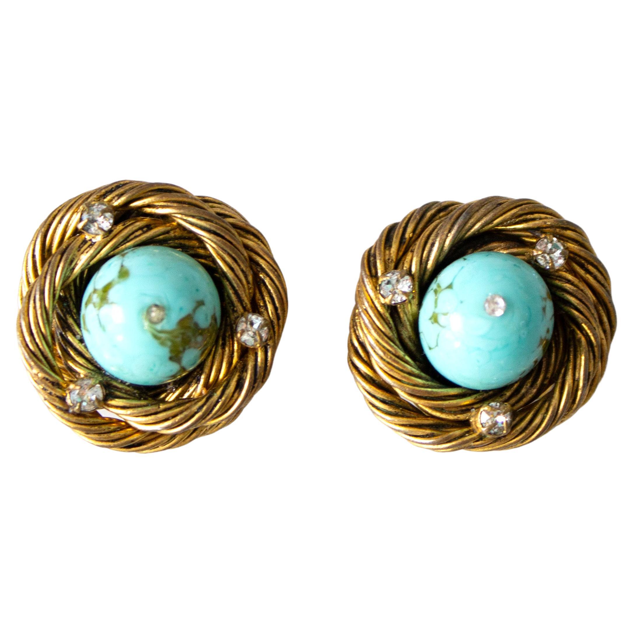 Chanel 1960s Gilded Turquoise Birds Nest Pate De Verre Goossens Clip-On Earrings