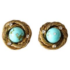 Chanel 1960 - Boucles d'oreilles à clip Goossens, nid d'oiseau en pate de verre et turquoise dorée