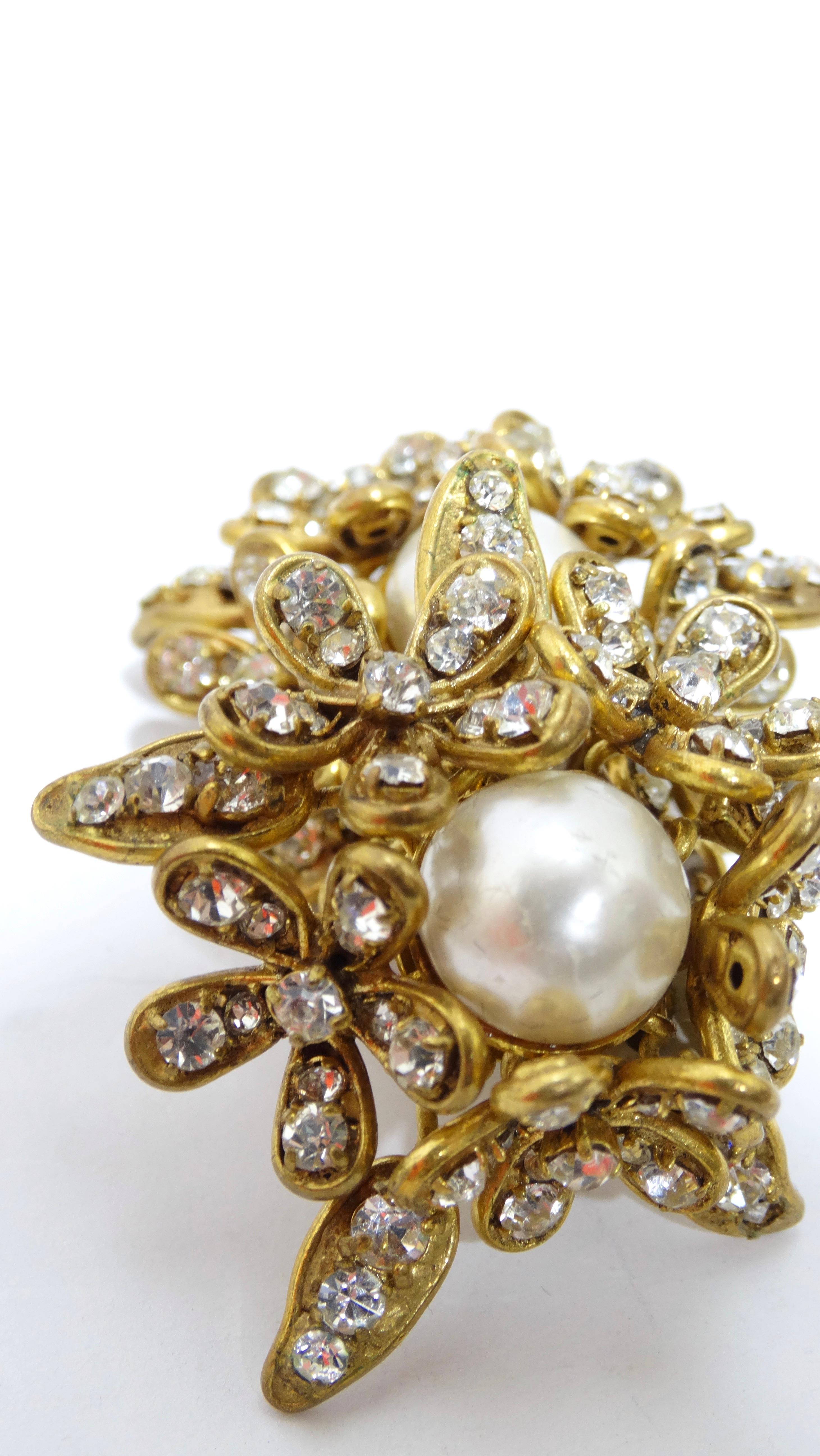 Chanel 1970's Crystal/Pearl Flower Earrings In Excellent Condition For Sale In Scottsdale, AZ