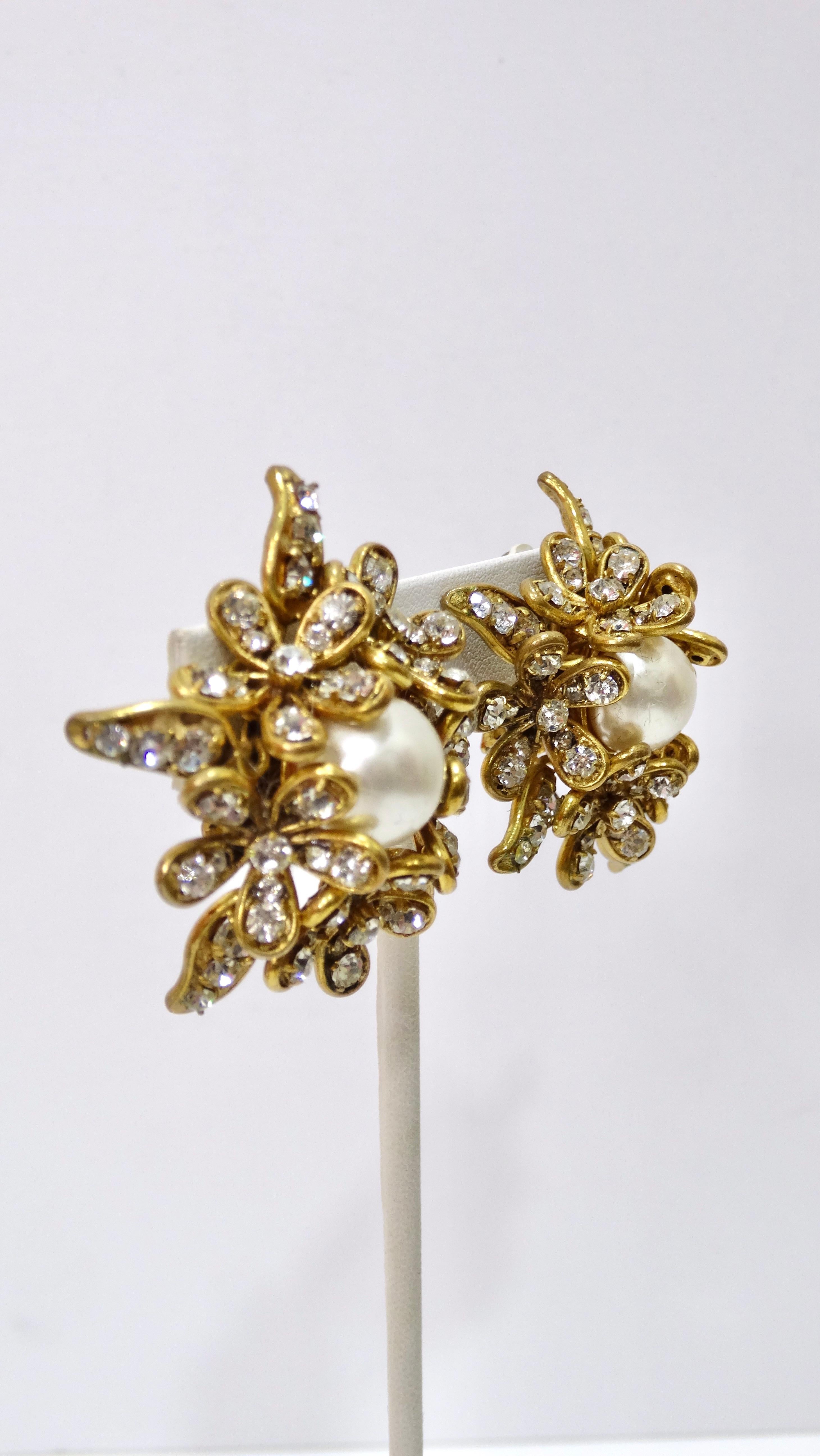 Chanel 1970's Crystal/Pearl Flower Earrings For Sale 1