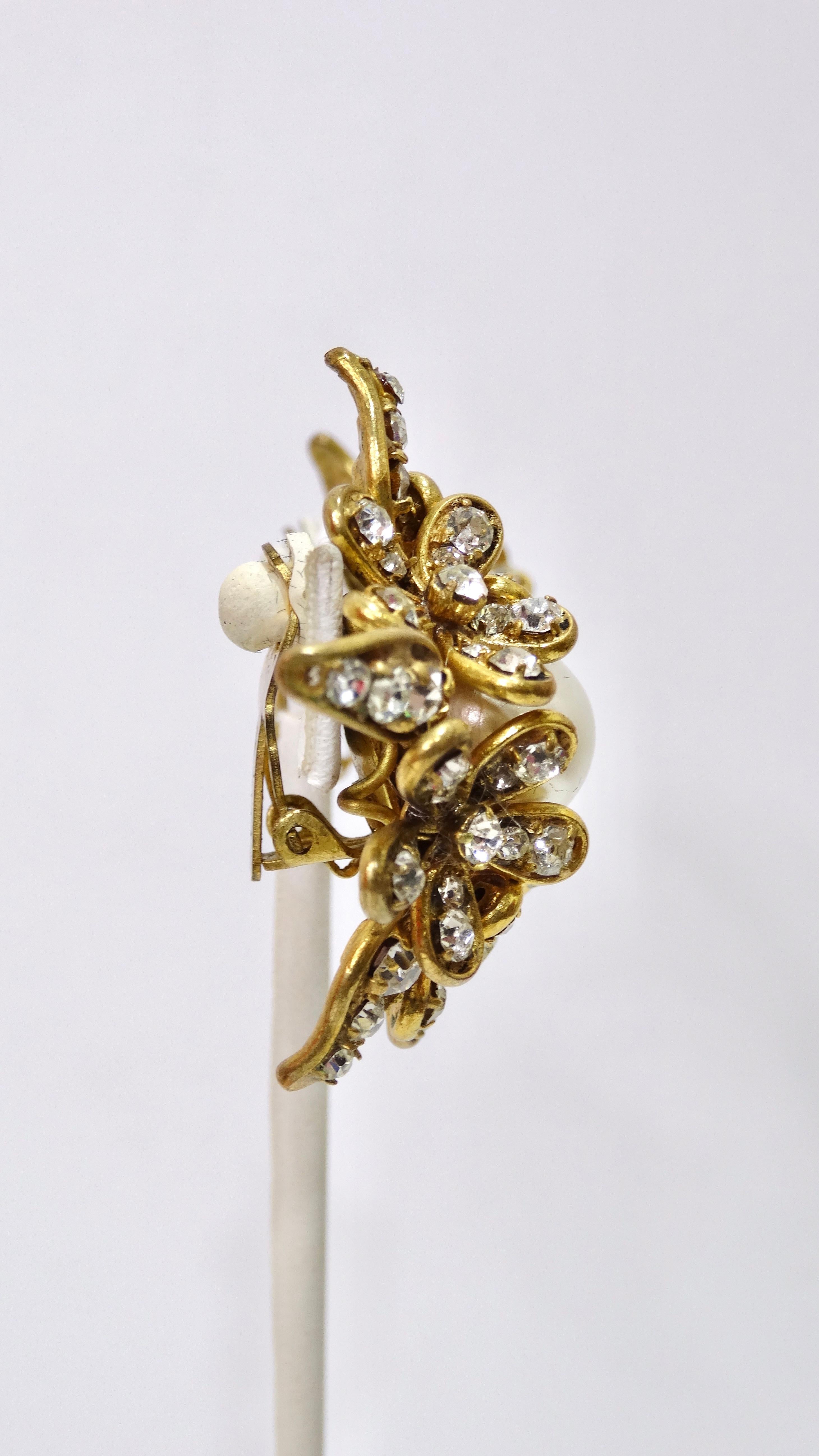 Chanel 1970's Crystal/Pearl Flower Earrings For Sale 2