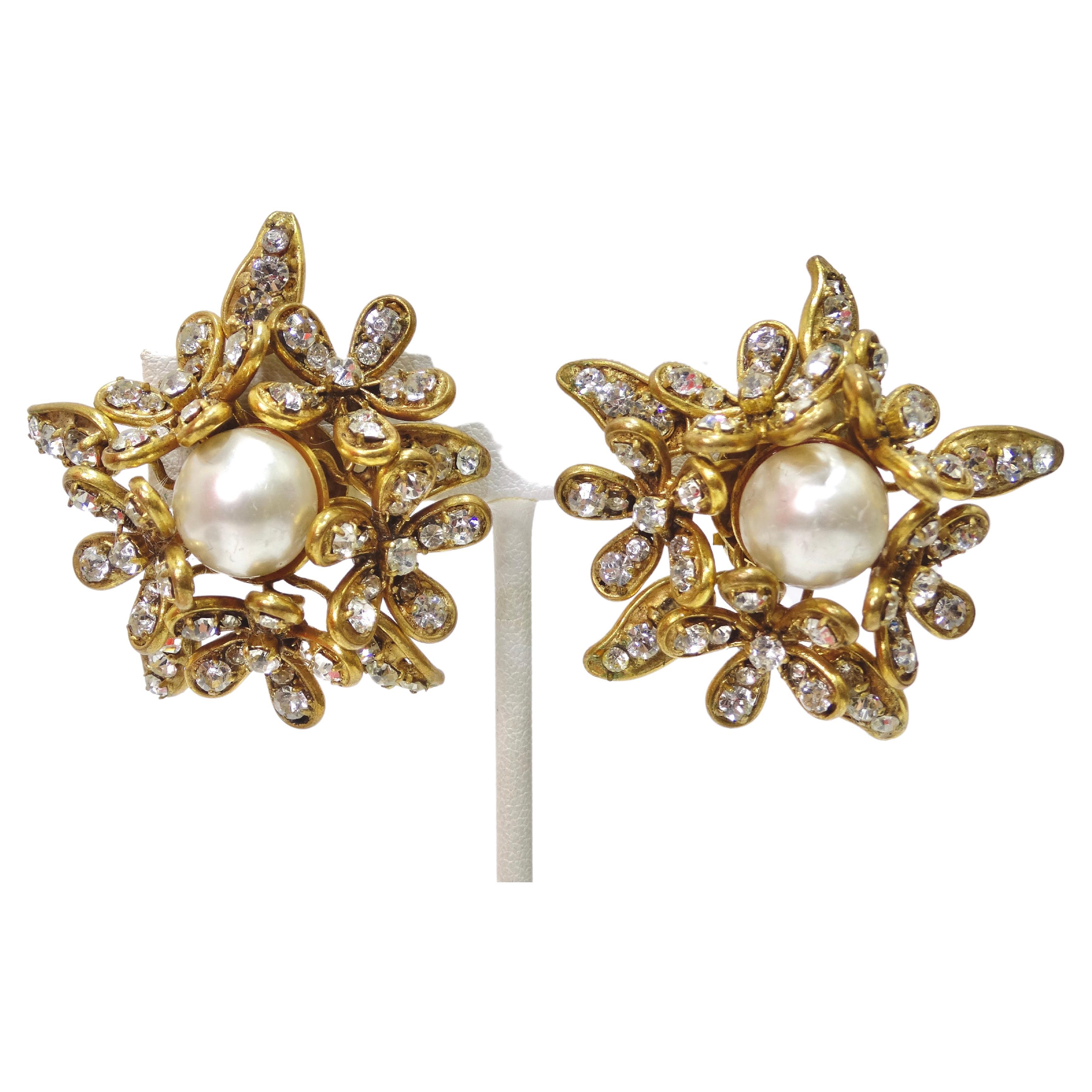 Chanel 1970's Crystal/Pearl Flower Earrings For Sale