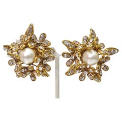 Chanel 1970's Crystal/Pearl Flower Earrings