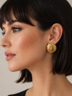 Chanel 1970s Gold Metal Roaring Lion Head Clip Earrings, Rare Vintage