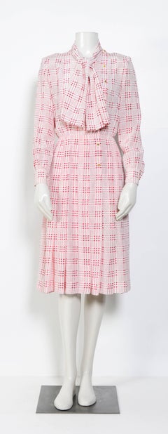 Chanel vintage 1970s printed white & pink silk dress with matching scarf
