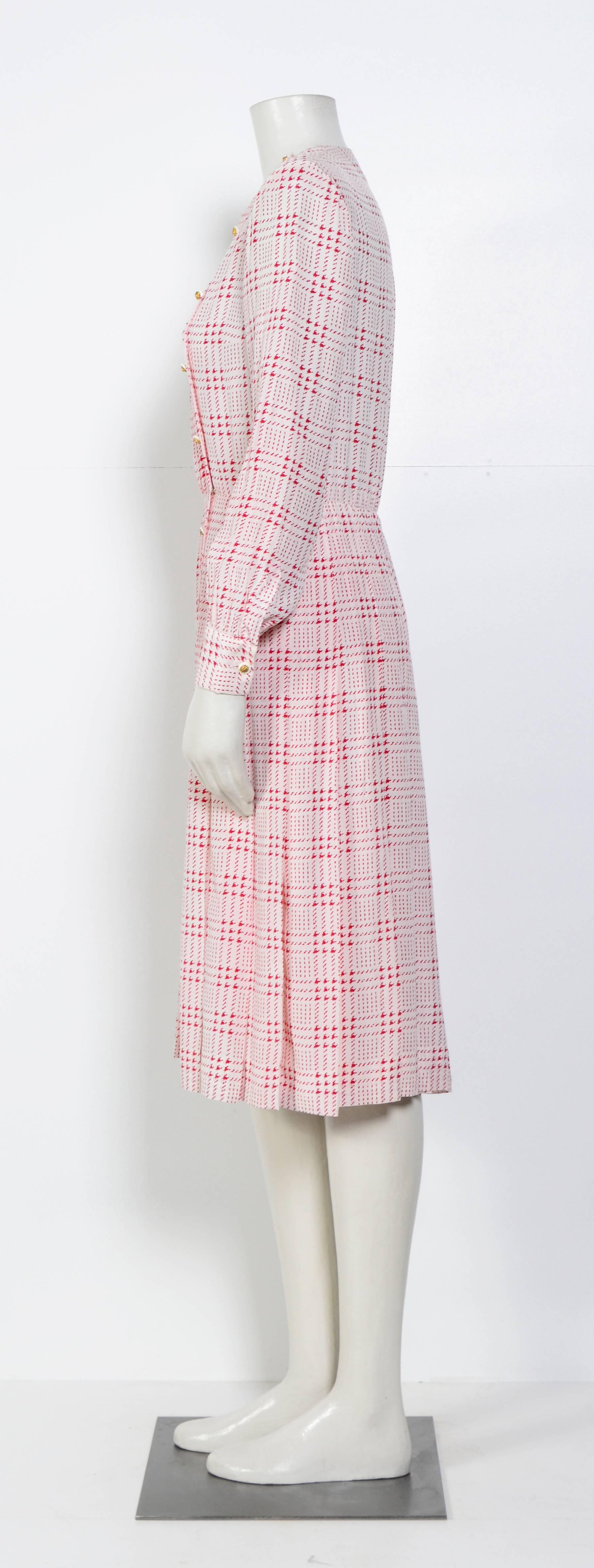 White Chanel vintage 1970s printed white & pink silk dress with matching scarf