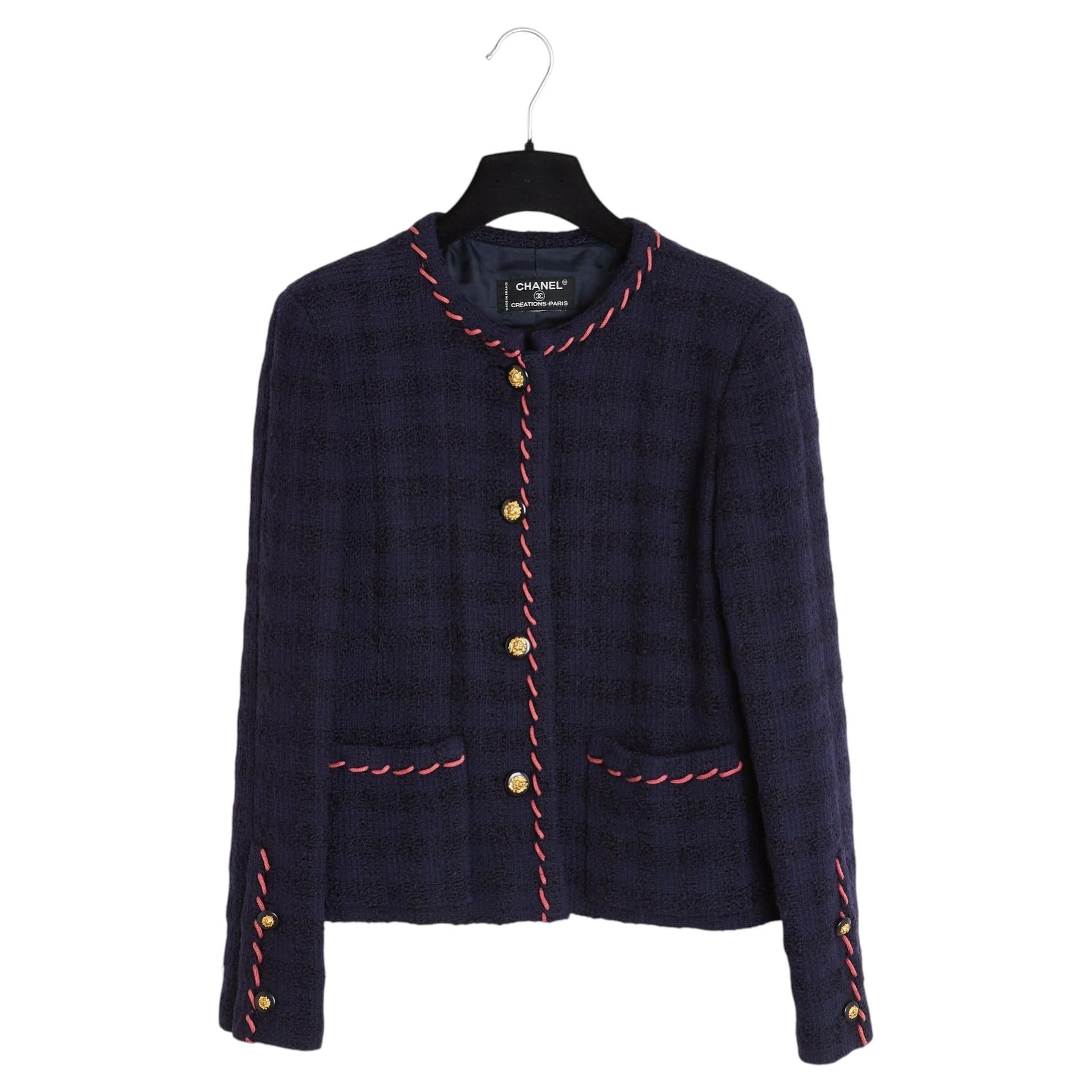 Chanel 1970s Veste Marine FR38 Navy Wool Whipstitch Trim Tweed Jacket UK10 US6