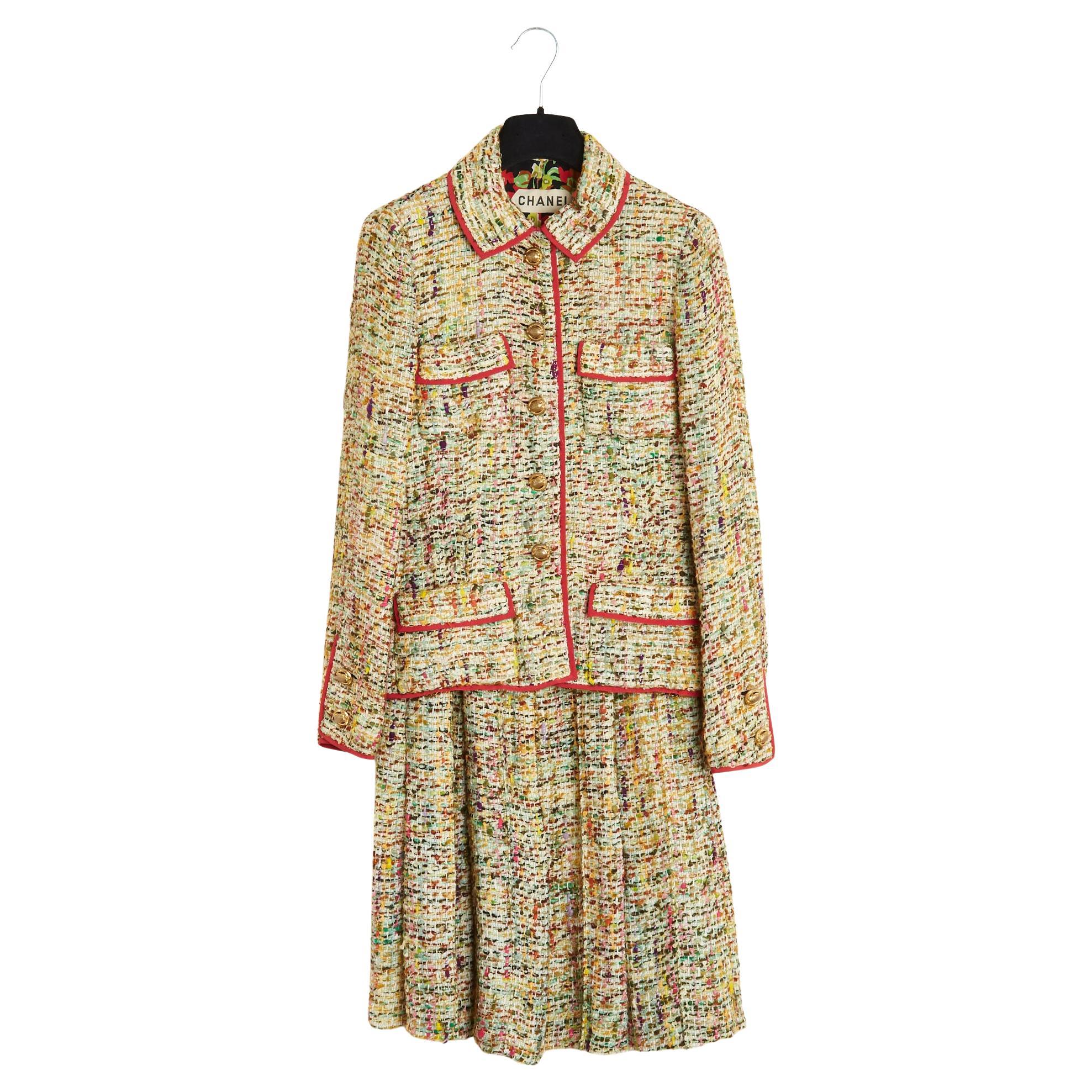 Chanel 1975s Veste Tailleur FR36 Haute Couture Ecru Red Tweed Ensemble UK8 US6