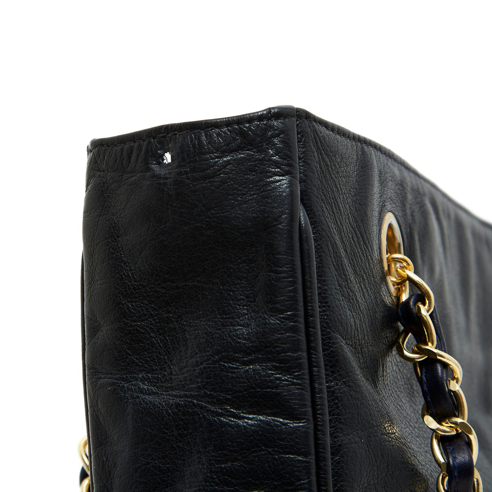 Black Chanel 1980 Sac Shopping  PM Timeless Classique Navy Leather Tote Bag PM