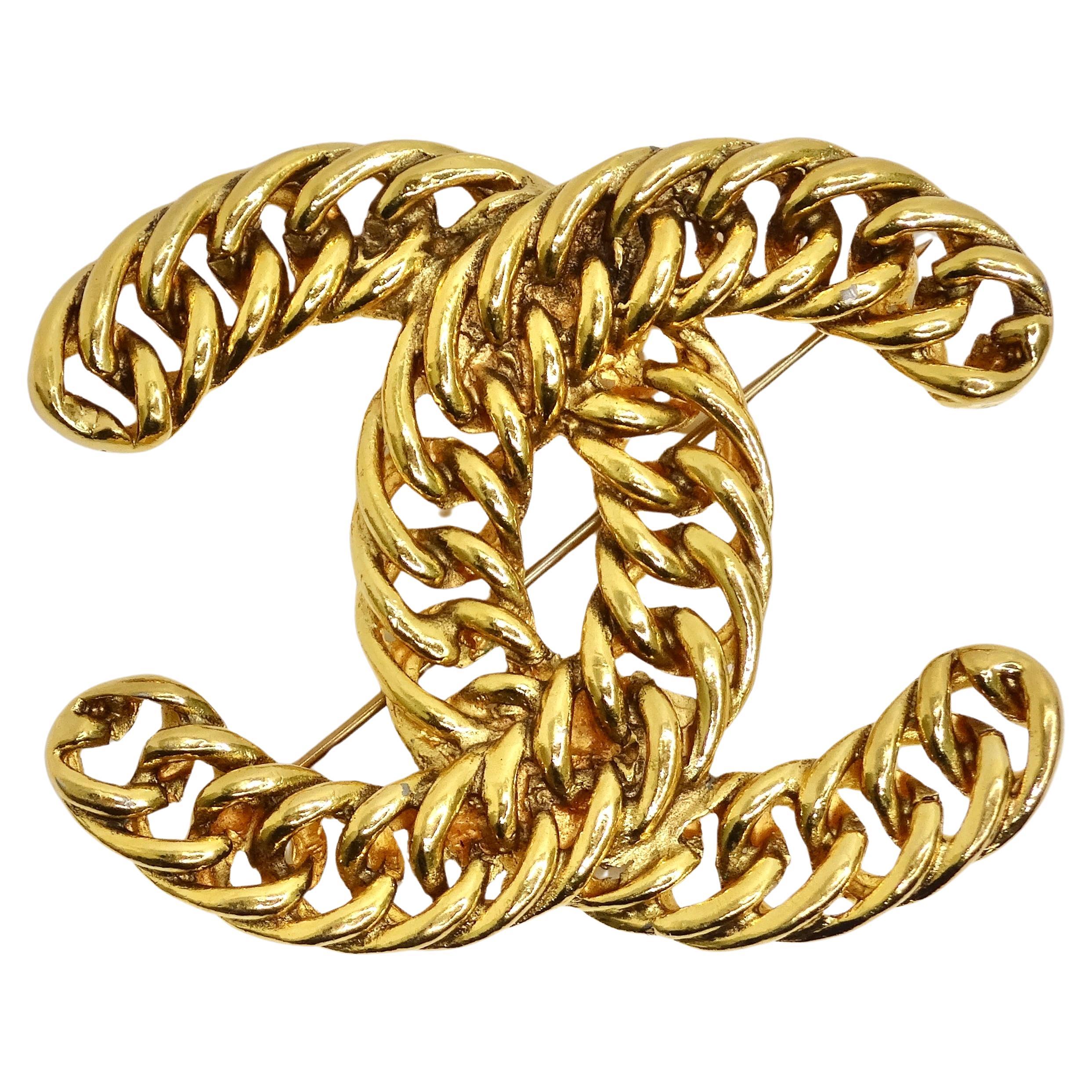 Chanel 1980s 24K Gold Plated CC Chain Brooch For Sale