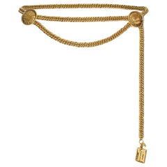 Vintage Chanel 1980s 31 Rue Cambon Gold Chain Belt with Embossed Medallions & Dog-tag