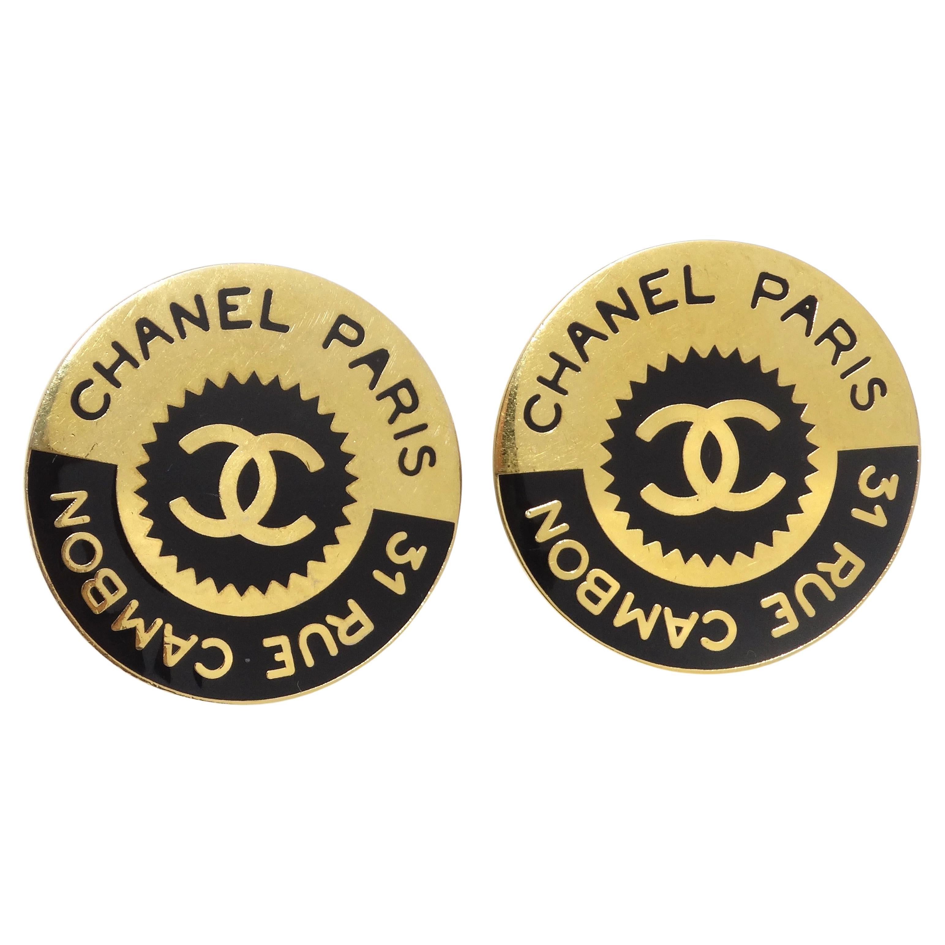 Chanel 1980s 31 Rue Cambon Logo Black Gold Plated Earrings For Sale