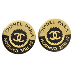Retro Chanel 1980s 31 Rue Cambon Logo Black Gold Plated Earrings