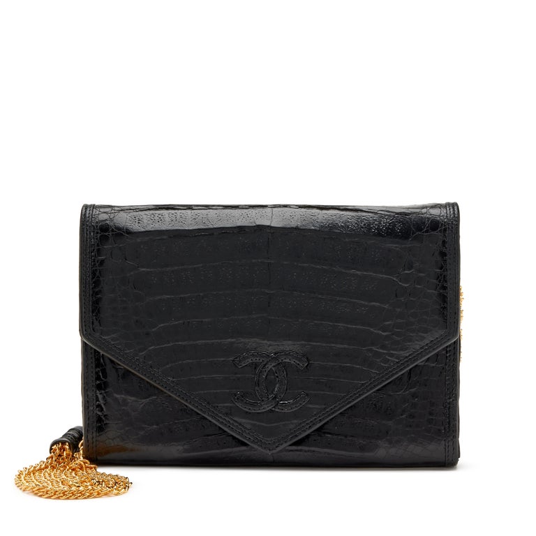 Chanel 1980's Black Classic Crocodile Envelope CC Flap Bag
