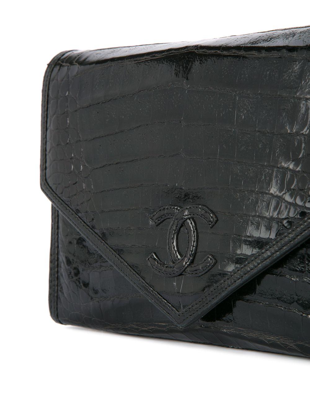 Women's or Men's Chanel 1980's Black Classic Crocodile Envelope CC Flap Bag Convertible Clutch  For Sale