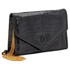 Chanel 1980's Black Classic Crocodile Envelope CC Flap Bag Convertible Clutch 