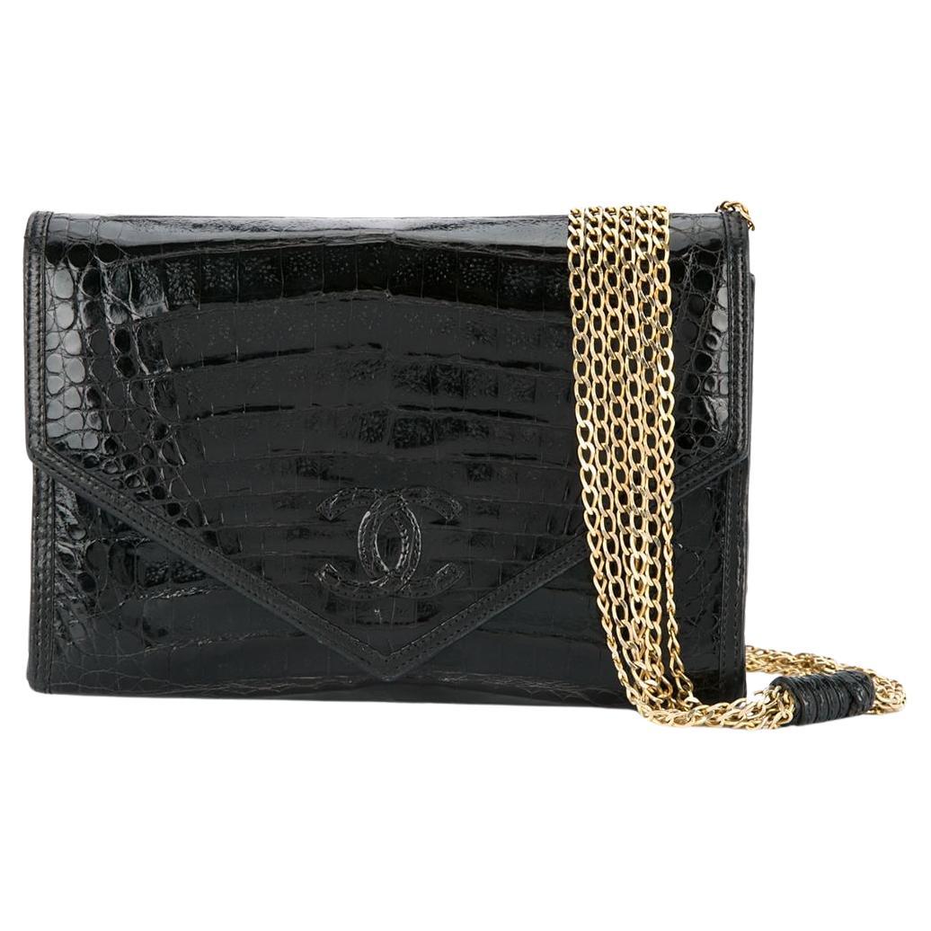 Chanel 1980's Black Classic Crocodile Envelope CC Flap Bag Convertible Clutch  For Sale