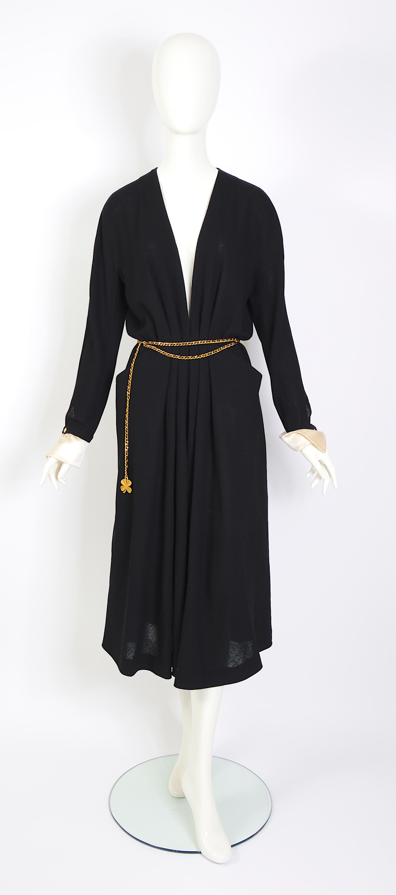 Chanel 1980s black deep v neck pleated crepe dress detachable white satin cuffs  For Sale 5