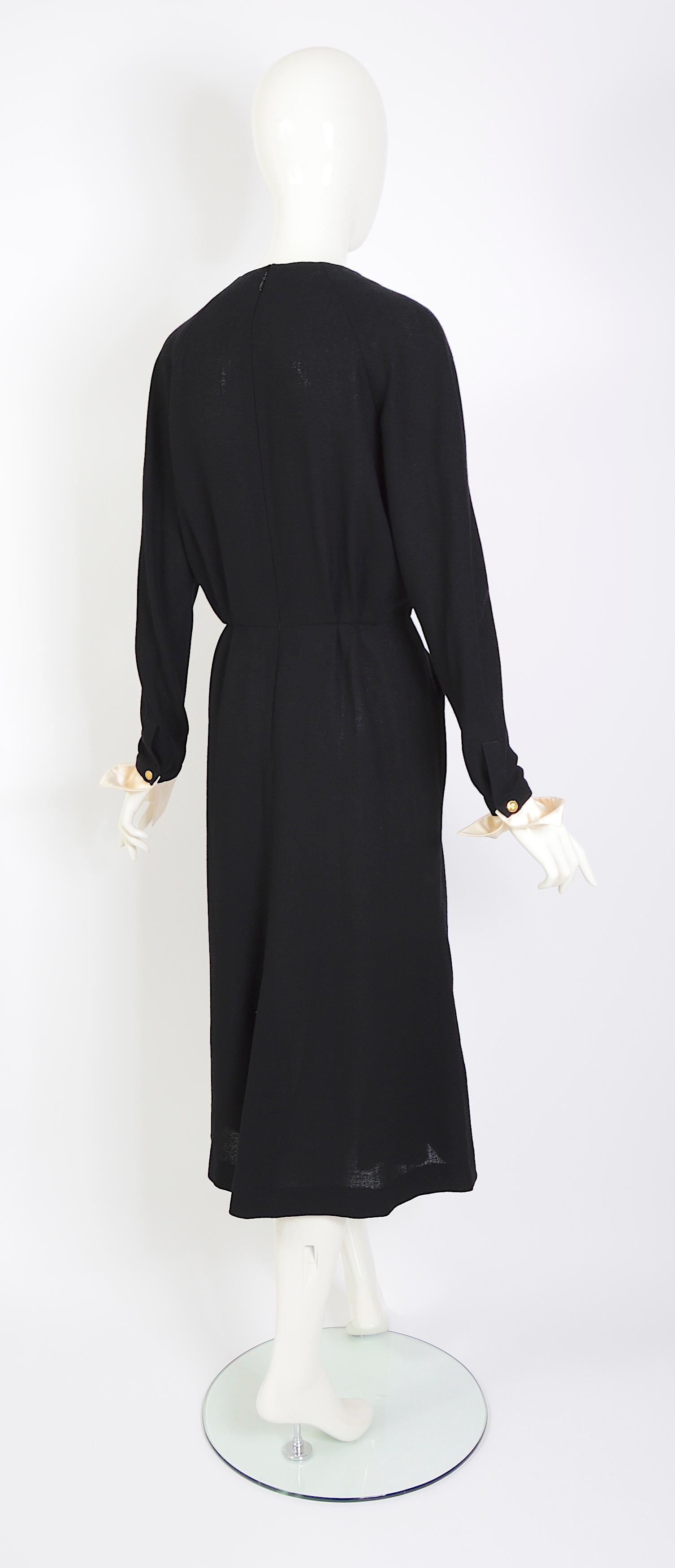 Black Chanel 1980s black deep v neck pleated crepe dress detachable white satin cuffs  For Sale