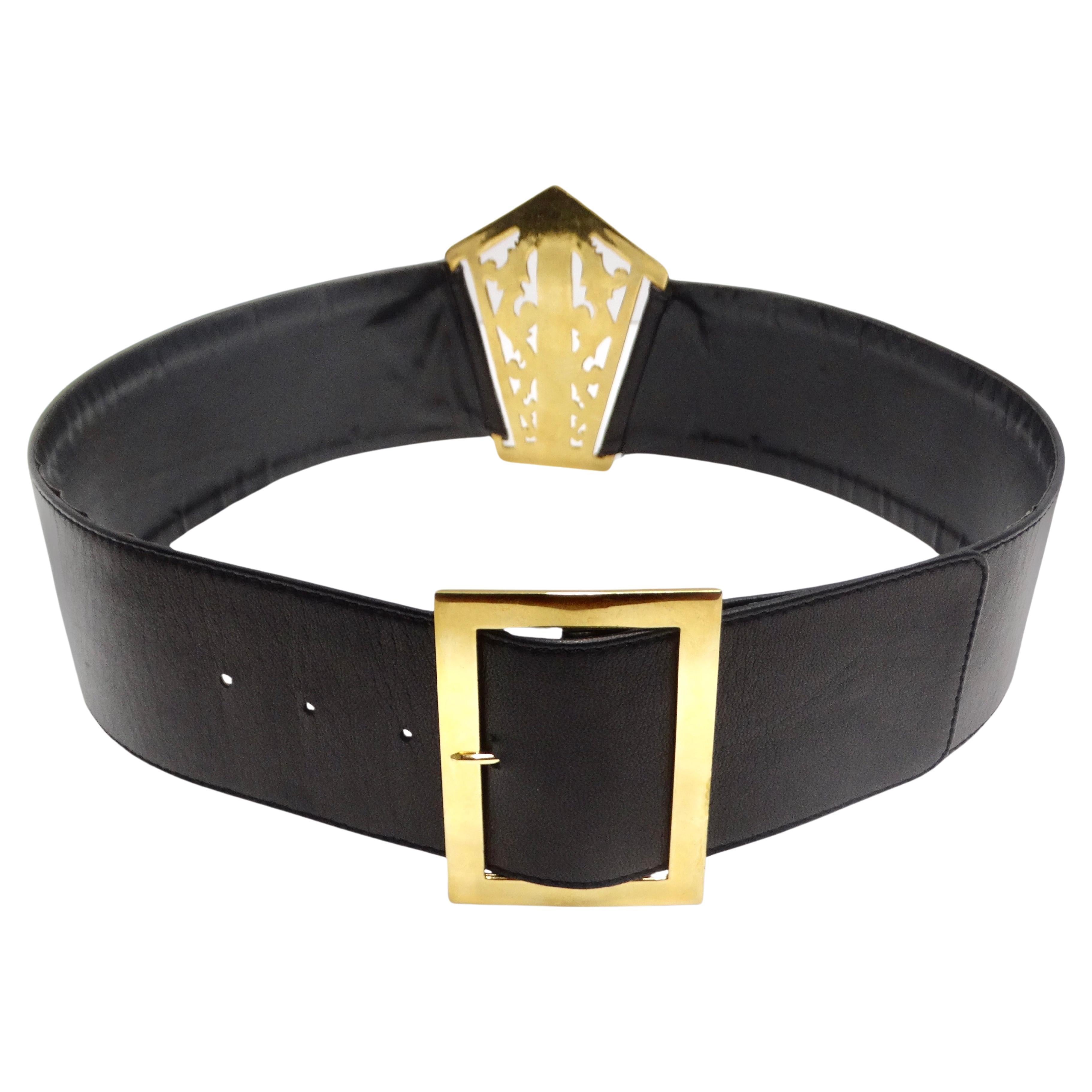 Chanel 1980s Black Leather 24k Gold-Plated Filigree Belt For Sale