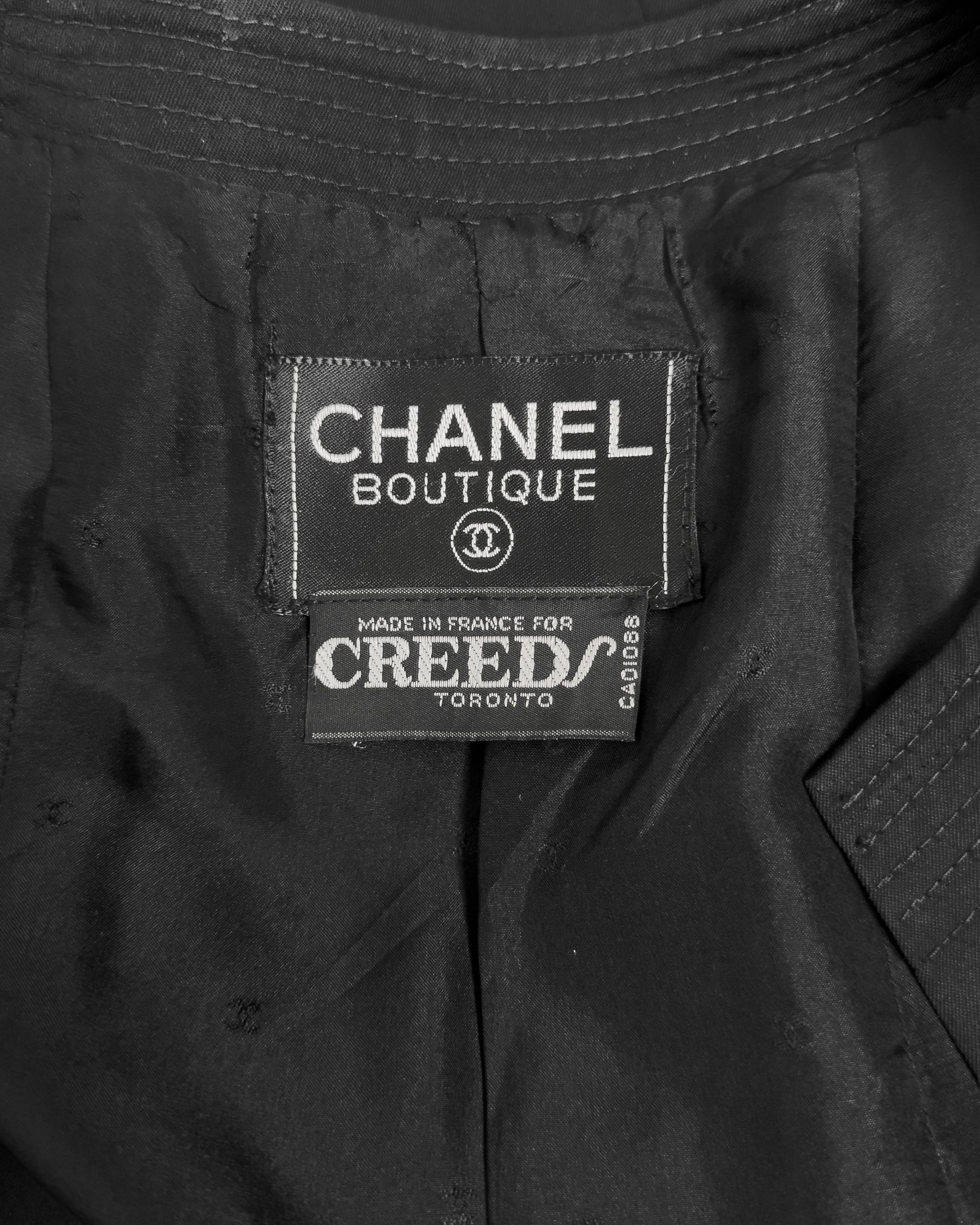 Chanel 1980's - Tailleur jupe en coton poli noir avec boutons de bouteille de parfum en vente 2