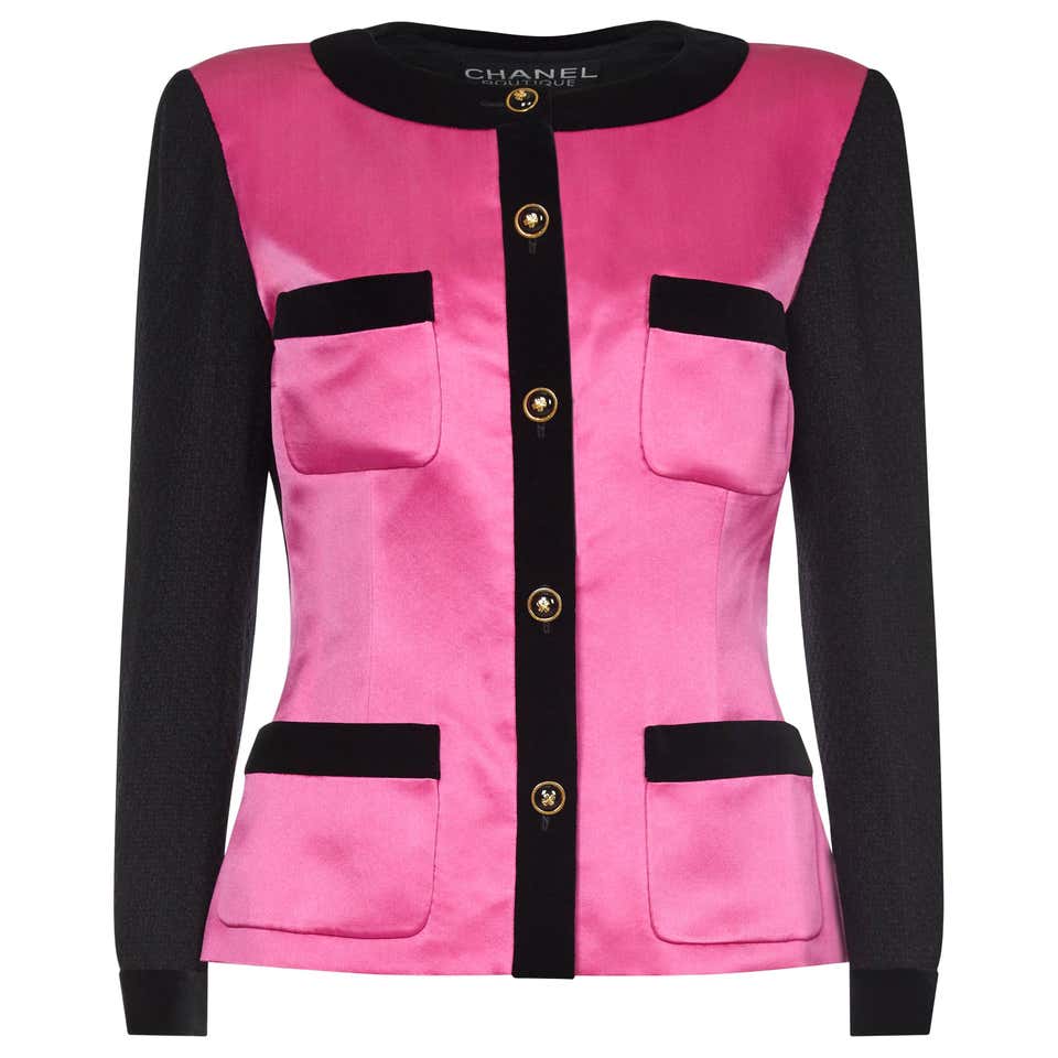 Chanel 1980s Boucle Black Wool and Pink Satin Jacket For Sale at 1stDibs