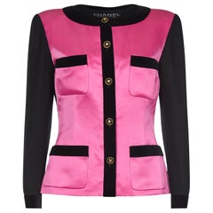 Chanel 1980s Boucle Black Wool and Pink Satin Jacket