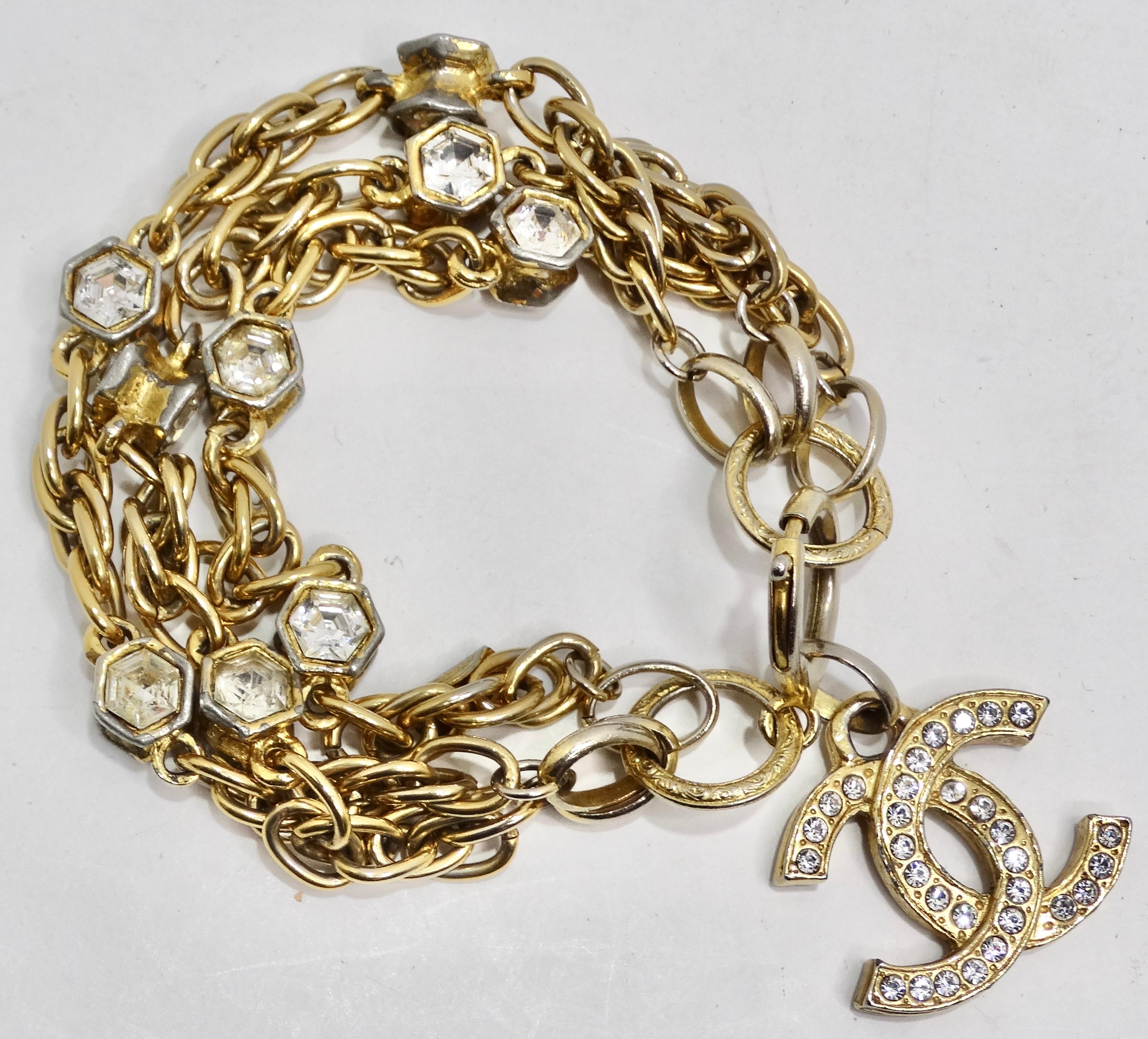 Get your hands on the Chanel 1980s CC Charm Gold Tone Rhinestone Bracelet—a dazzling and glamorous piece that embodies the opulence and allure of Chanel. This bracelet is not just an accessory; it's a wearable work of art, crafted from luxurious