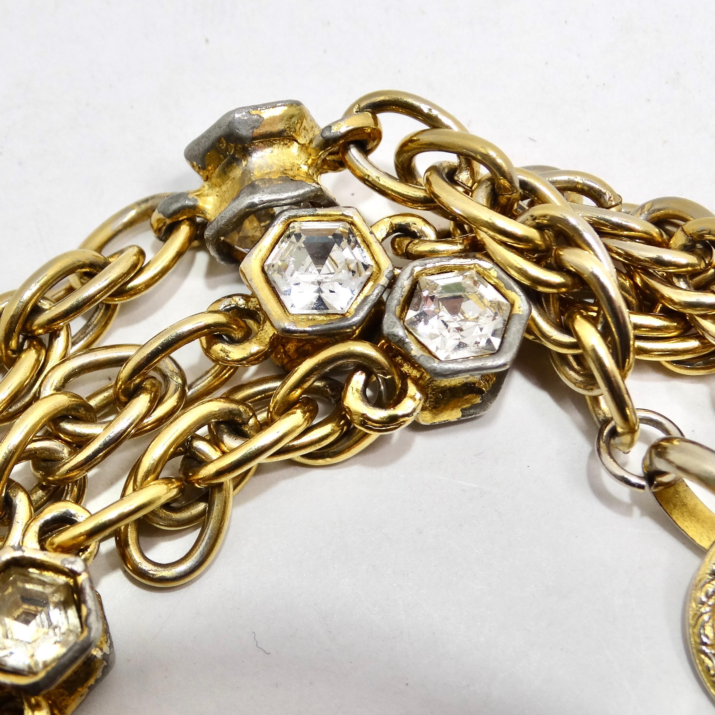 Women's or Men's Chanel 1980s CC Charm Gold Tone Rhinestone Bracelet