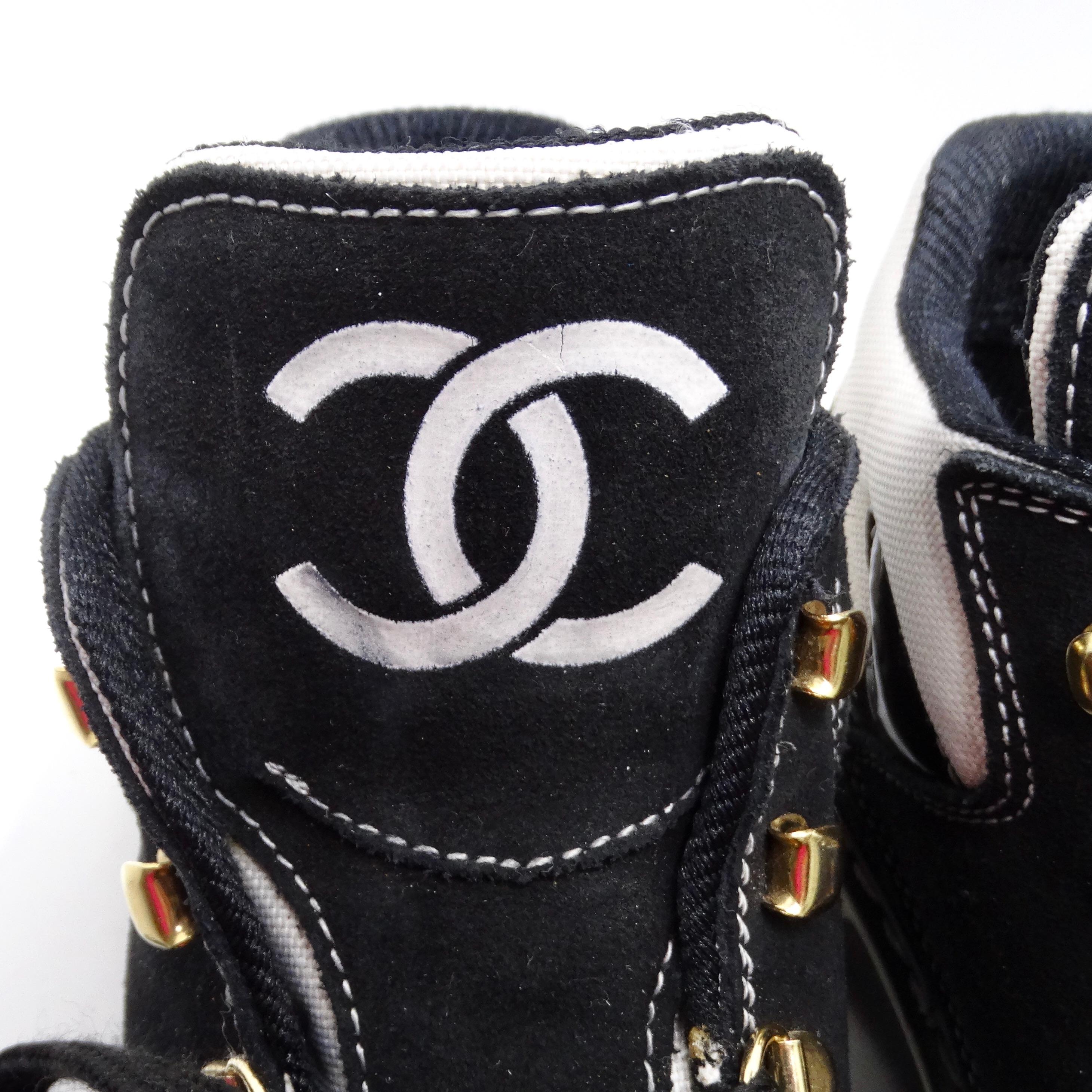 Chanel 1980s CC Lace-Up Black & White Sneakers For Sale 4
