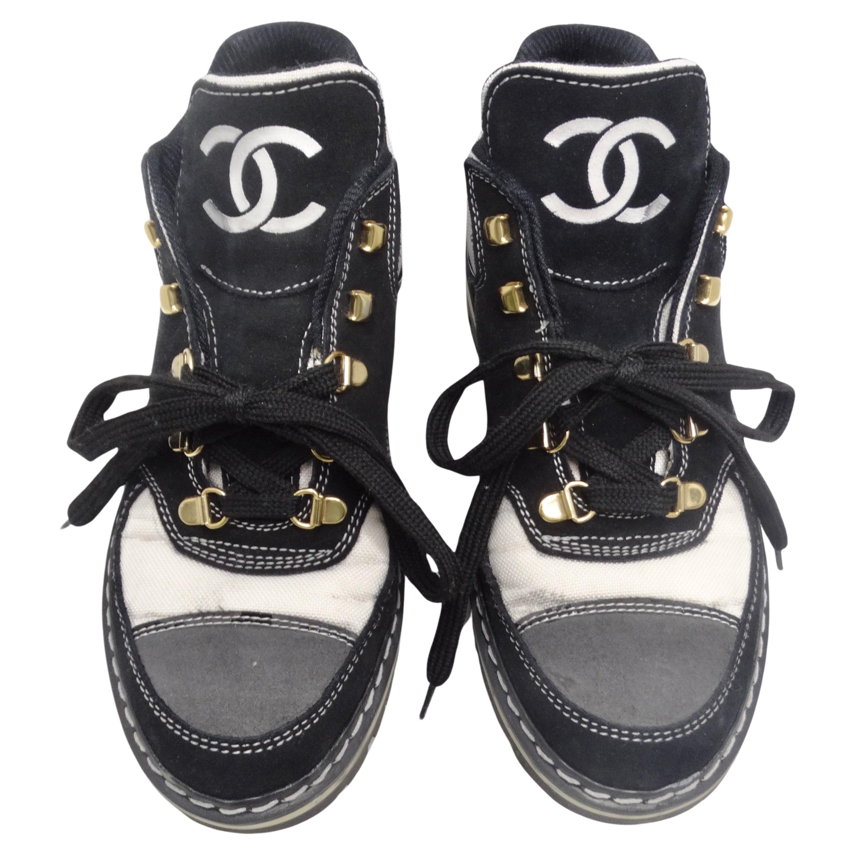 Chanel 1980s CC Lace-Up Black & White Sneakers For Sale