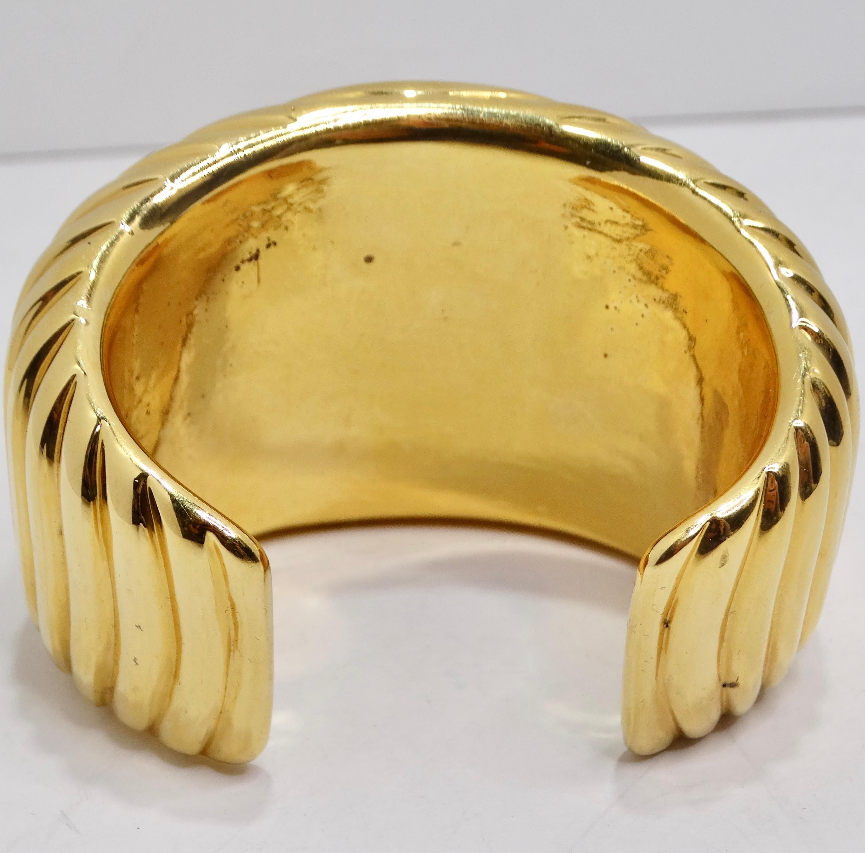 Chanel 1980s CC Logo Ribbed Gold Tone Cuff Bracelet For Sale 3